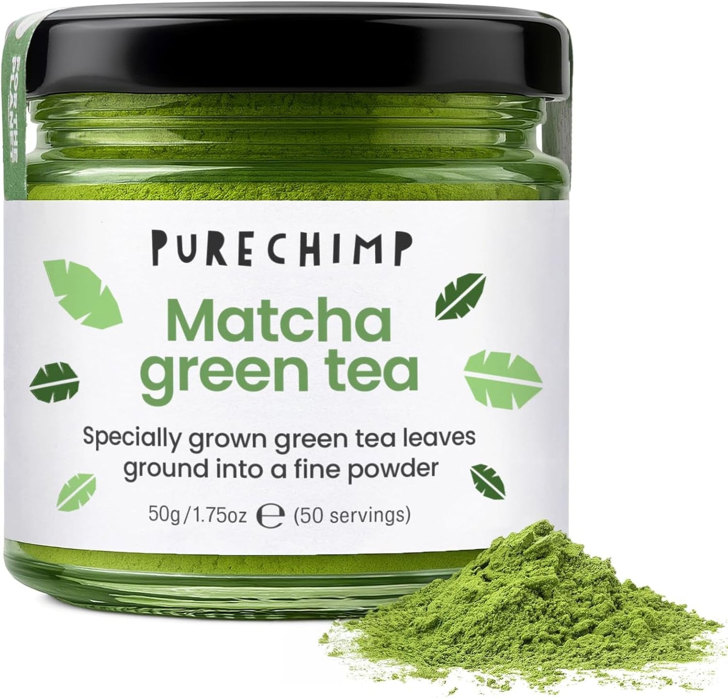 Purechimp Matcha-pulver av ceremoniell kvalitet 50 g. 100 % ren nyansodlat tepulver för lattes, infusioner och recept. Återvinningsbar burk. Rik på antioxidanter.