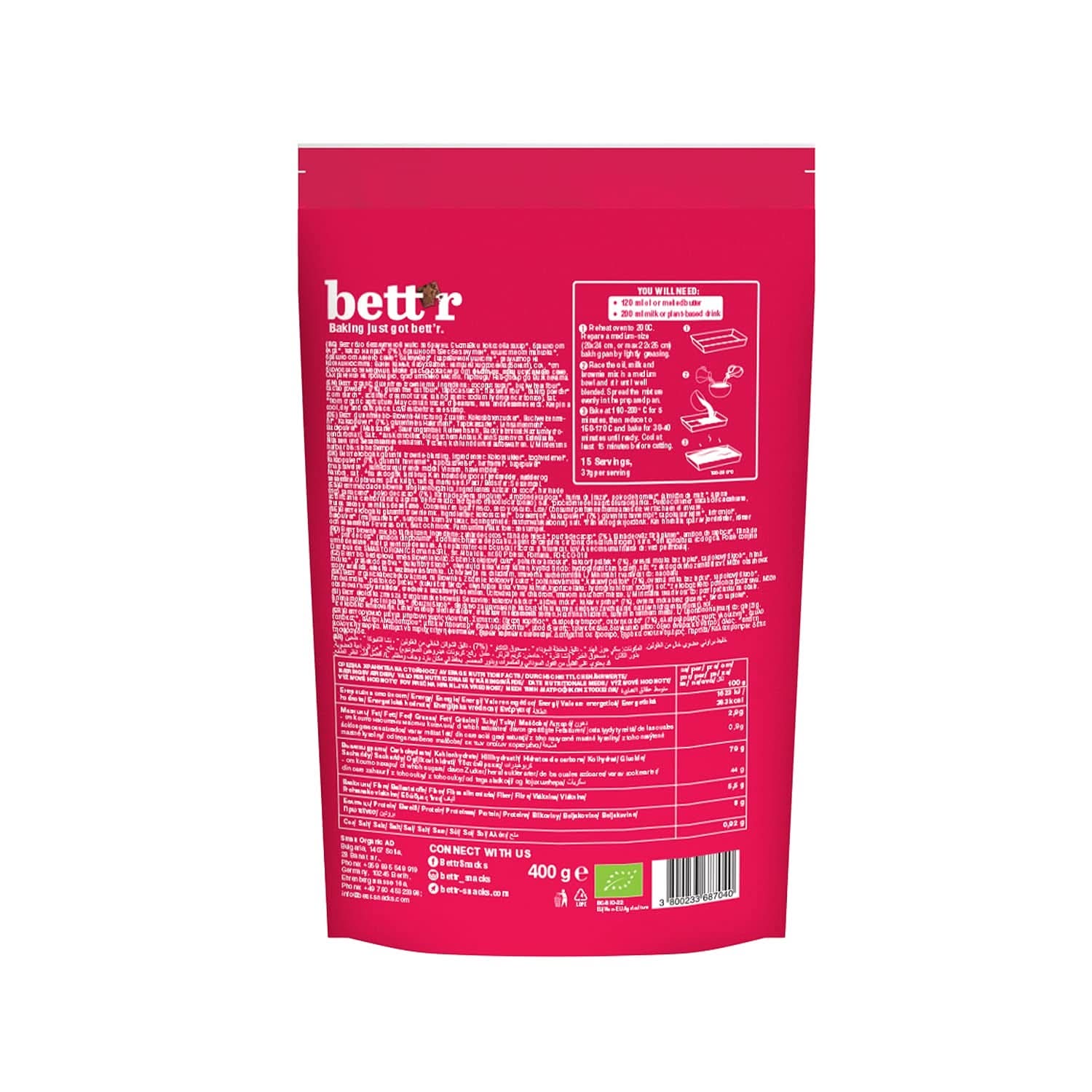 Bettr Organic Brownie Mix - Ekologiska, veganska och glutenfria brownies med rik kakaosmak, 6 x 400 gram Kitchen Naty Shop