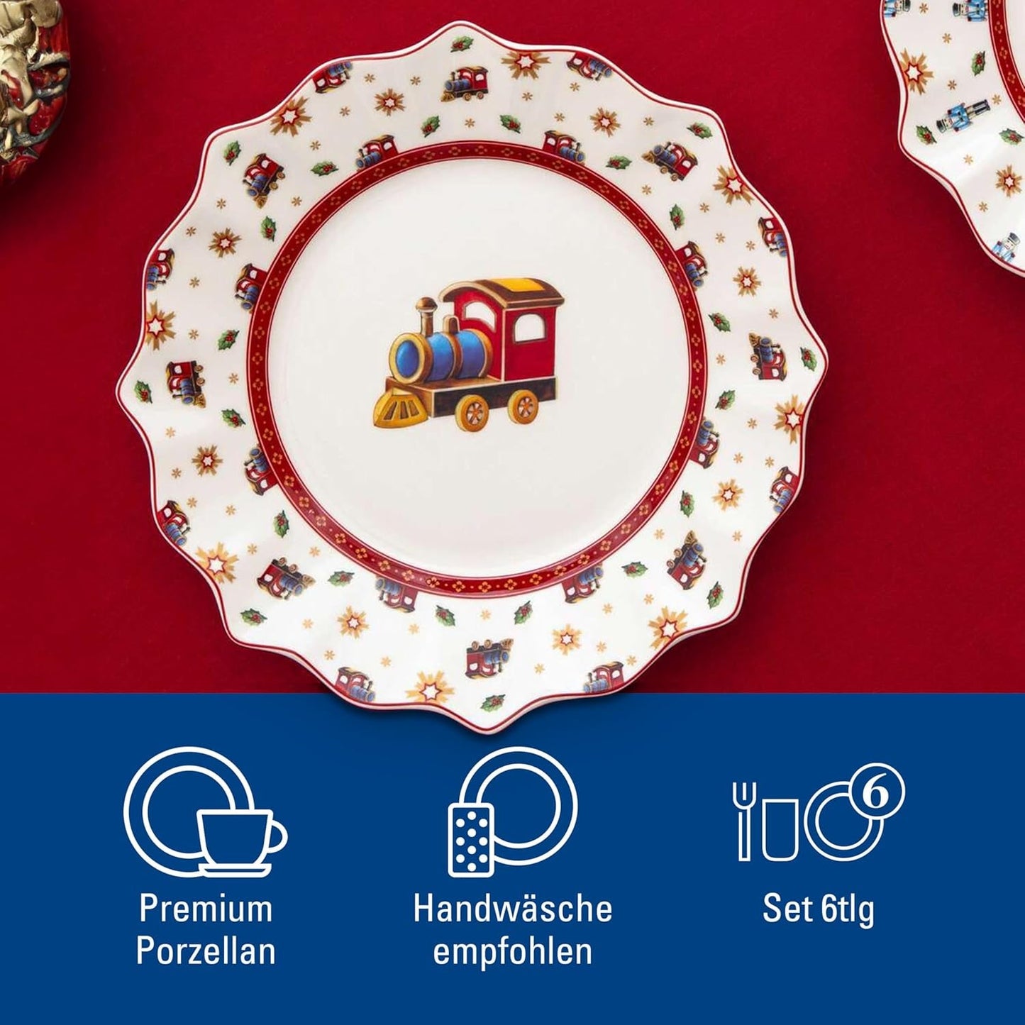 Villeroy & Boch - Toy's Delight frukostset för 2, lokdesign, 6 delar, färgglatt, jul, servisset med tallrikar, koppar och skålar till frukost, julservis, premiumporslin