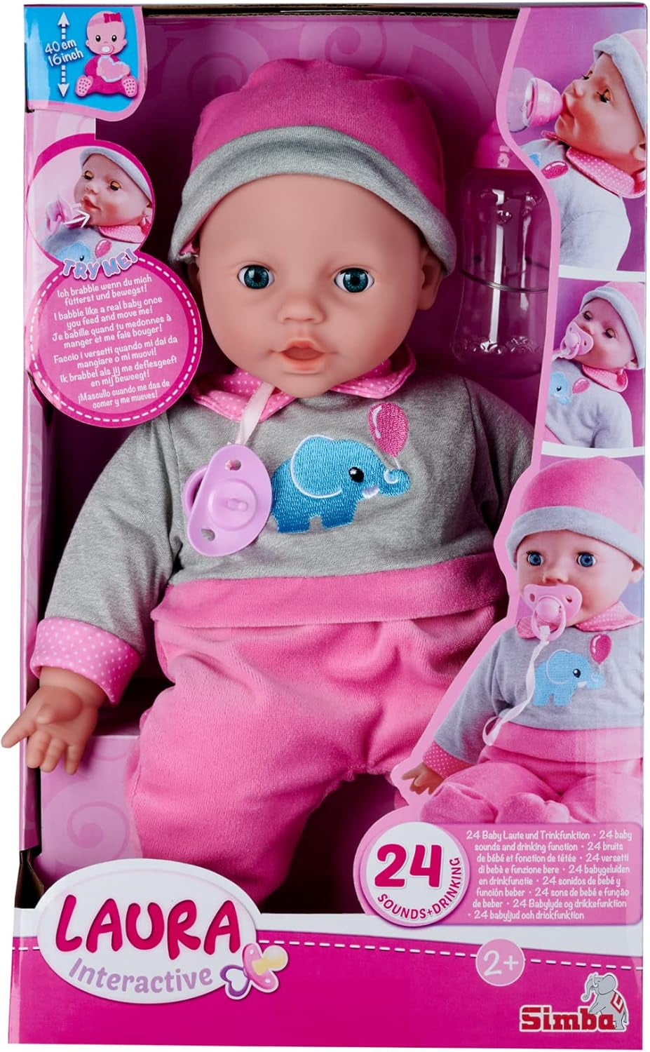 Simba 105140066 - Laura Interactive, mjuk kroppsdocka med sömniga ögon, babblar vid rörelse, dricker ur flaska och somnar, 40 cm, babydocka för barn från 2 år