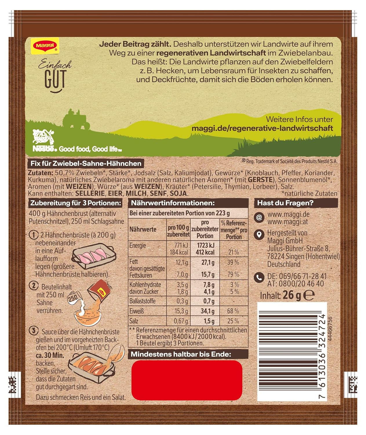 MAGGI Fix für Zwiebel-Sahne Hähnchen, Würzmischung, mit natürliche Ingredient*, für 3 Portions, 1er Pack (1 x 26g)