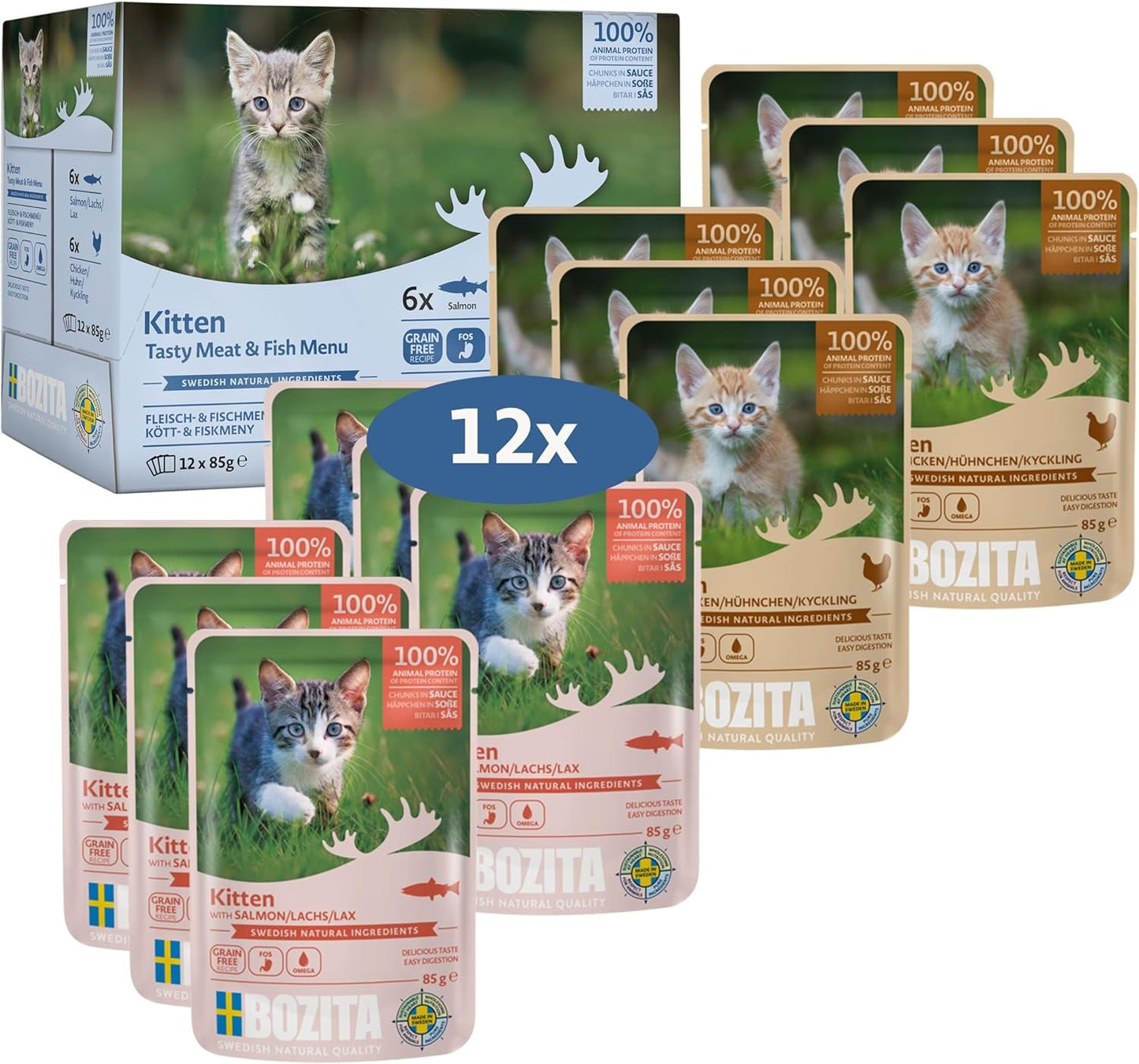 Bozita Nassfutter Häppchen in Sauce mit Fisch und Fleisch - 12x85g Portionsbeutel getreidefreies & weizenfreies Futter für Katzen - Katzennassfutter für Adult-Katzen med 8,5 % protein & 4,5 % fetthalt