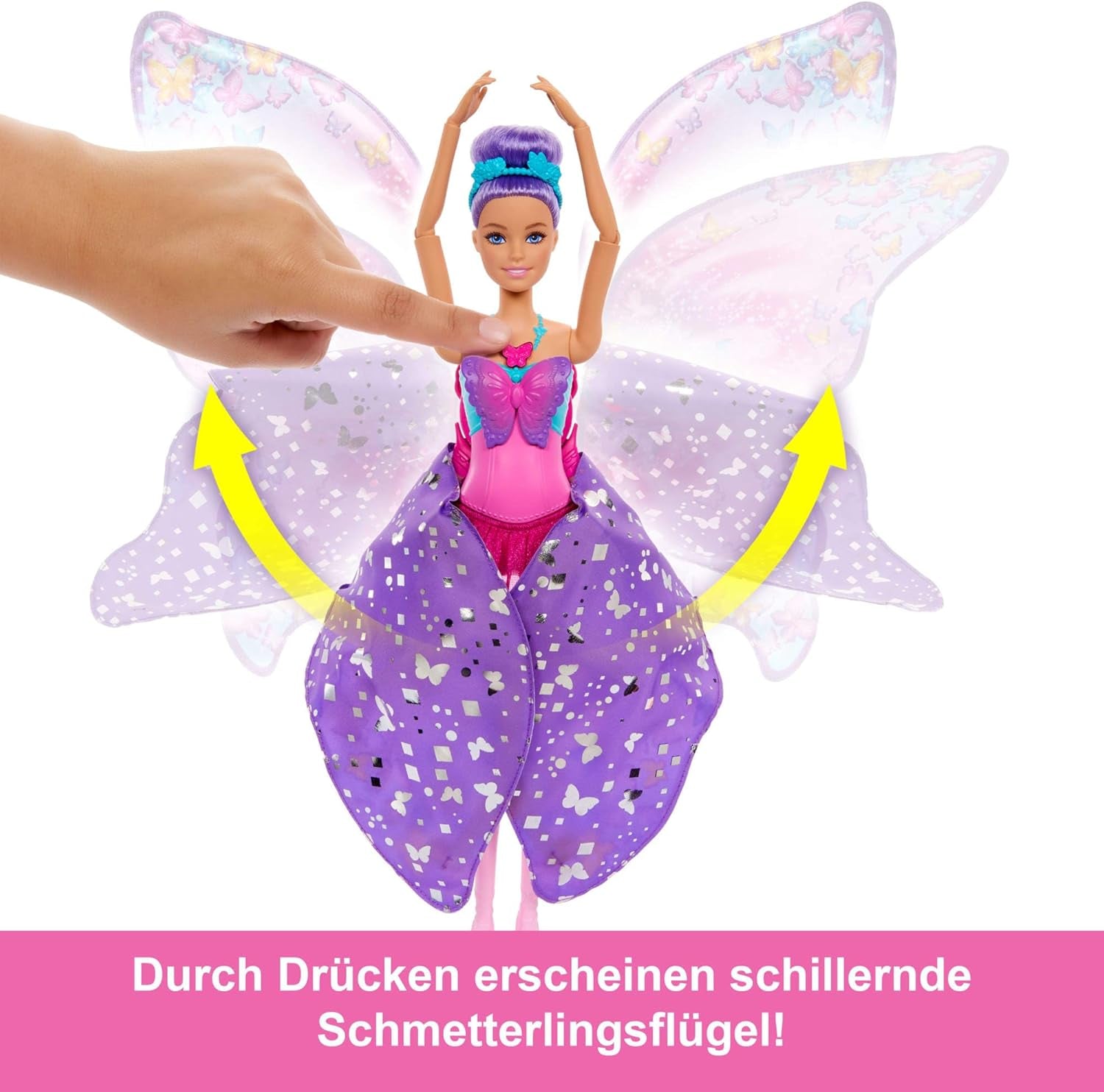 Barbie Dance And Flutter 2-i-1 dansare-till-fjäril transformationsdocka med öppningsbara vingar, lila hår, hårsmycken och avtagbar tutu, HXJ10 Naty Shop Dolls