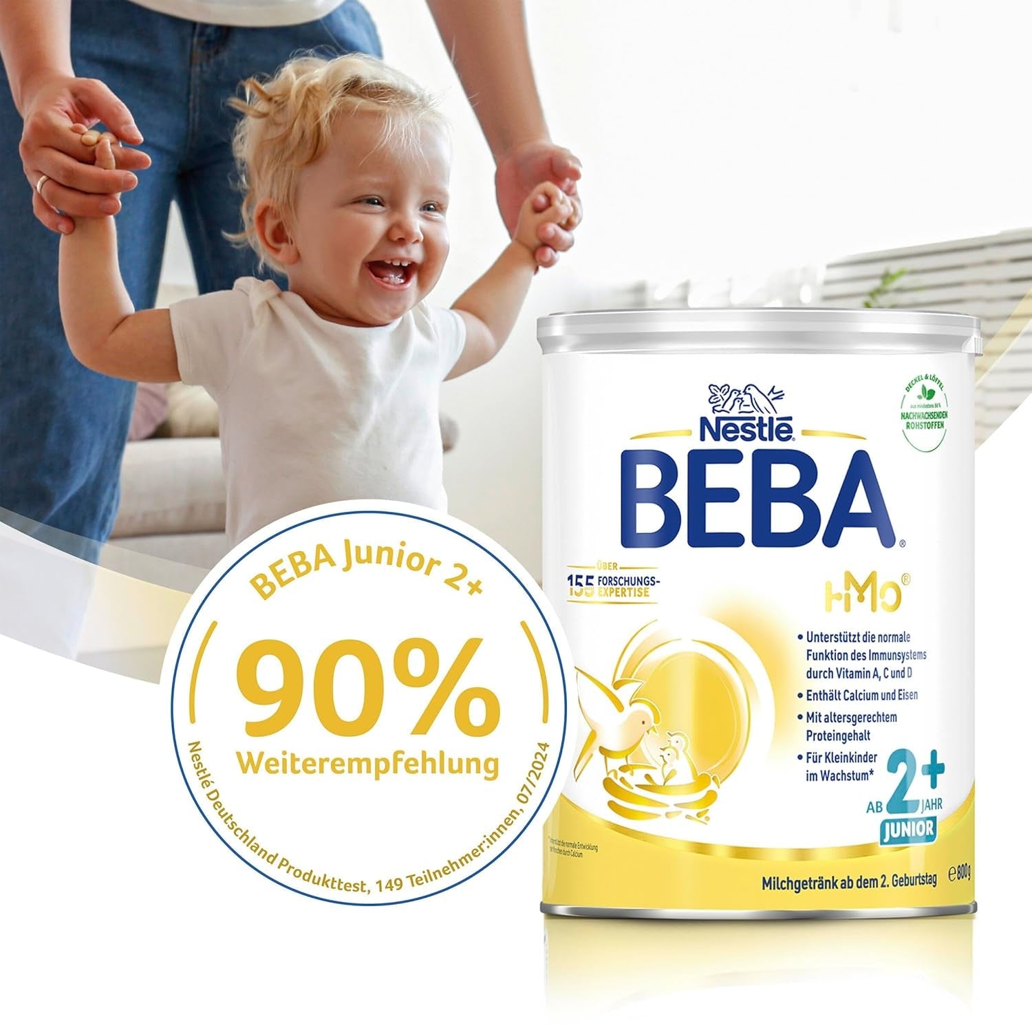 BEBA Junior 2+ mjölkdryck från 2 år, med HMO, åldersanpassat proteininnehåll, endast laktos, ingen palmolja, ingen fiskolja, småbarnsmat, babymjölkpulver, 3-pack (3 x 800g)