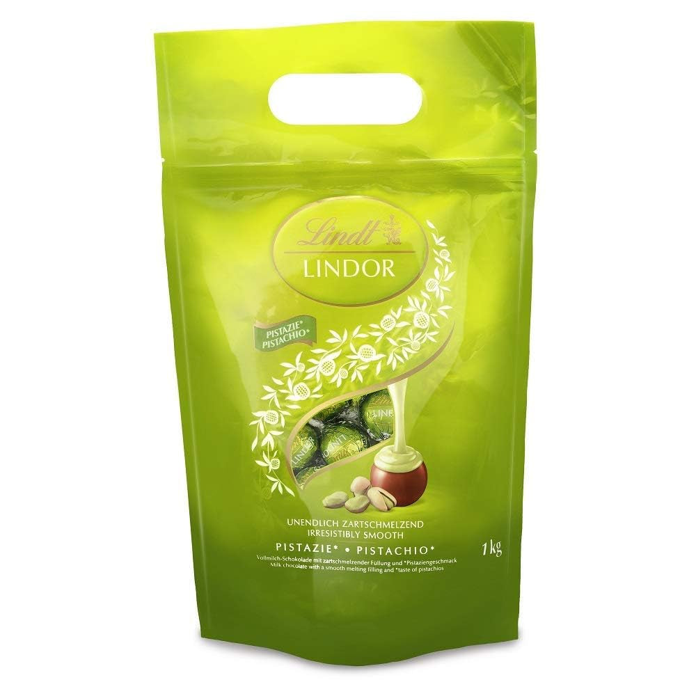 Lindt LINDOR Choklad med pistage | 1 kg återförslutningsbar påse | ca. 80 Mjölkchokladbollar med Smält-i-munnen pistagegräddefyllning | Bulkpaket, pralinpresent
