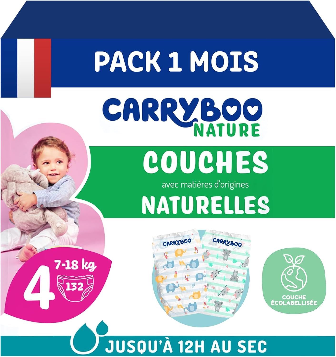 - Blöja storlek 4 (7 – 18 kg) – för känslig hud – naturlig och mycket absorberande – 12 timmars läckagesäker – ohne unerwünschte Inhaltsstoffe – tillverkad i Frankrike – 132 blöjor