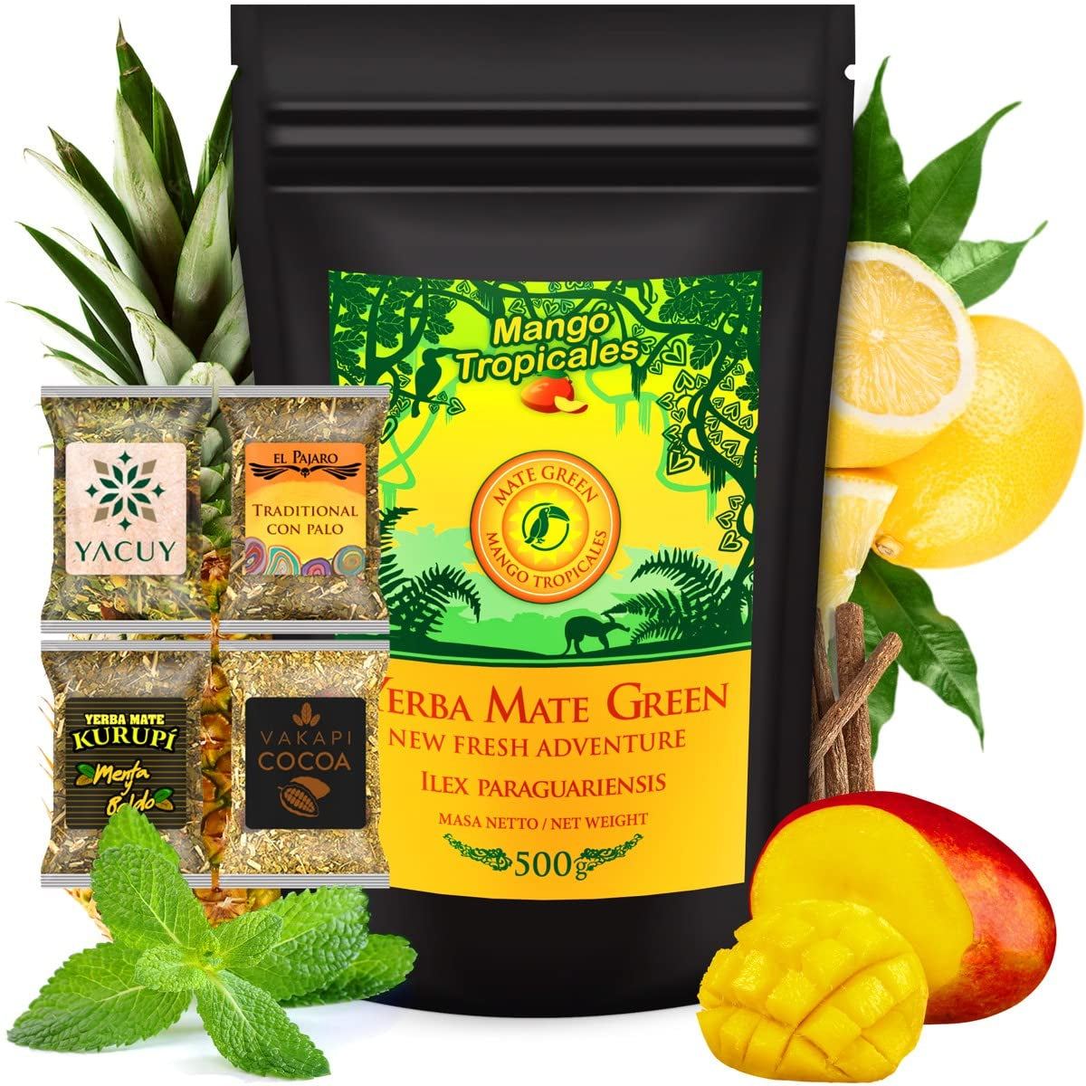 Yerba Mate Te Set ● Mango Tropicales Mate Tea 500G ● Mate Te Set 4X25G ● Mate Te med frukt ● Yerba Mate Te med Mango, Ananas, Citron