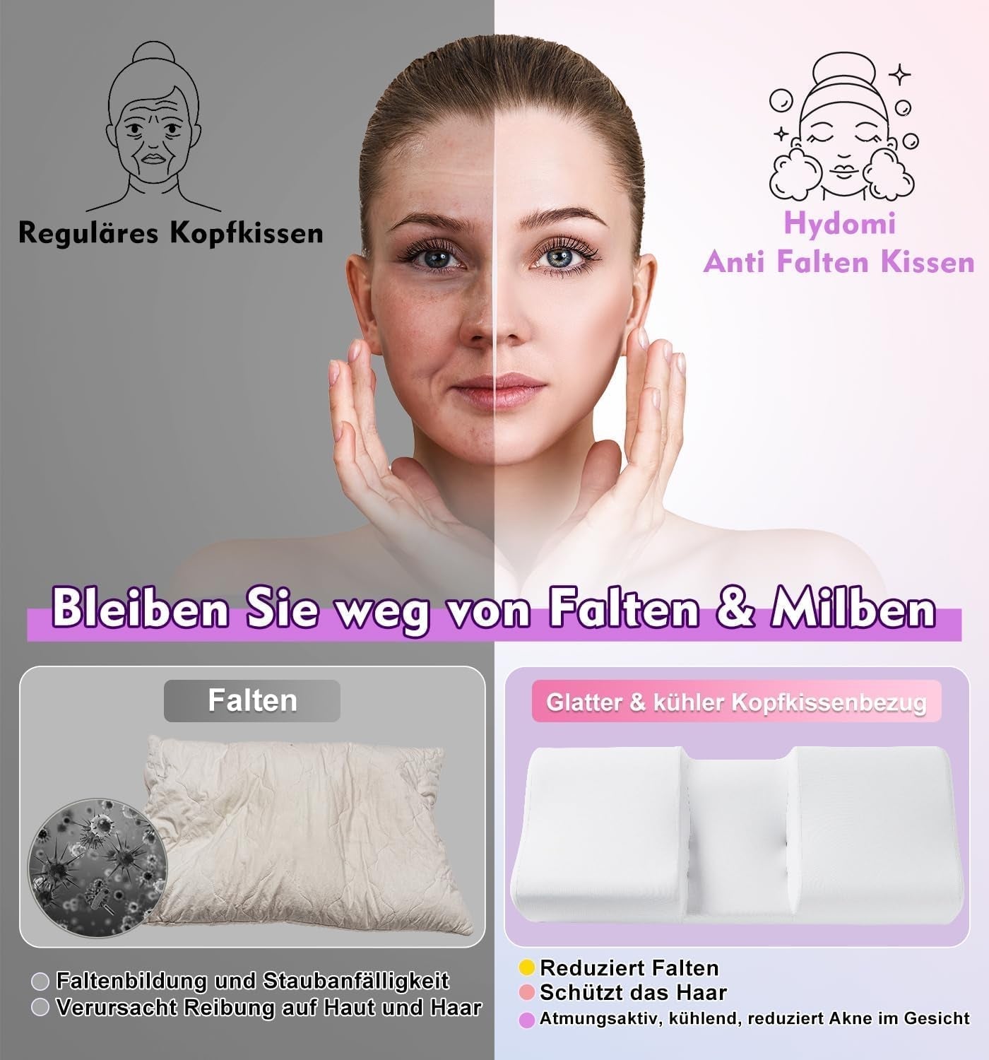 Hydomi Anti-Wrinkle Kudde 2-i-1 Anti-Aging Skönhetskudde Ortopediskt nackstöd Kudde Nacke och axel smärta Memory Foam Kudde för att hålla huvudet rakt Cervikala ortopediska kuddar Naty Shop
