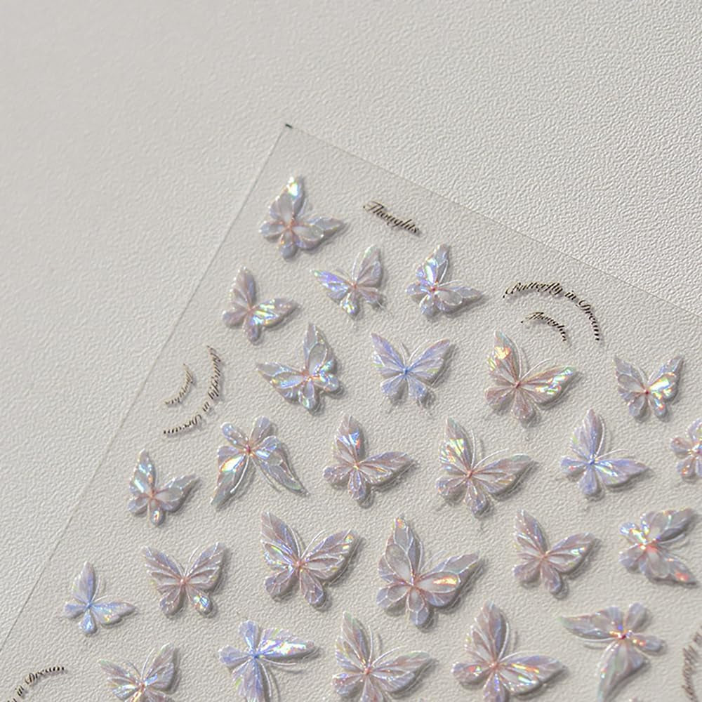 Glänzend Aurora Shell Schmetterling Nagelsticker Selbstklebend,Erleichterung Schmetterlinge Nail Sticker Rosa Laser Schmetterling Nagelaufkleber Für Frauen Nageldesign Zubehör Nagel Zubehör Nail Art