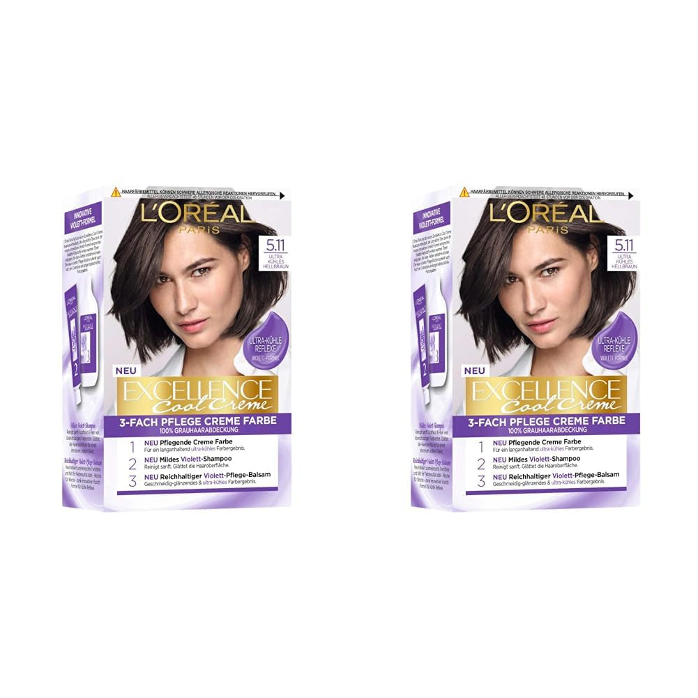 L'Oréal Paris Permanent hårfärgning med ultracoolt färgresultat, 100% täckning av grått hår, satt med färgämne, schampo och vårdkräm, Excellence Cool, nr. 5.11 Ljusbrun (brun) (paket med 2) Naty Shop Hair Dye Standardtitel