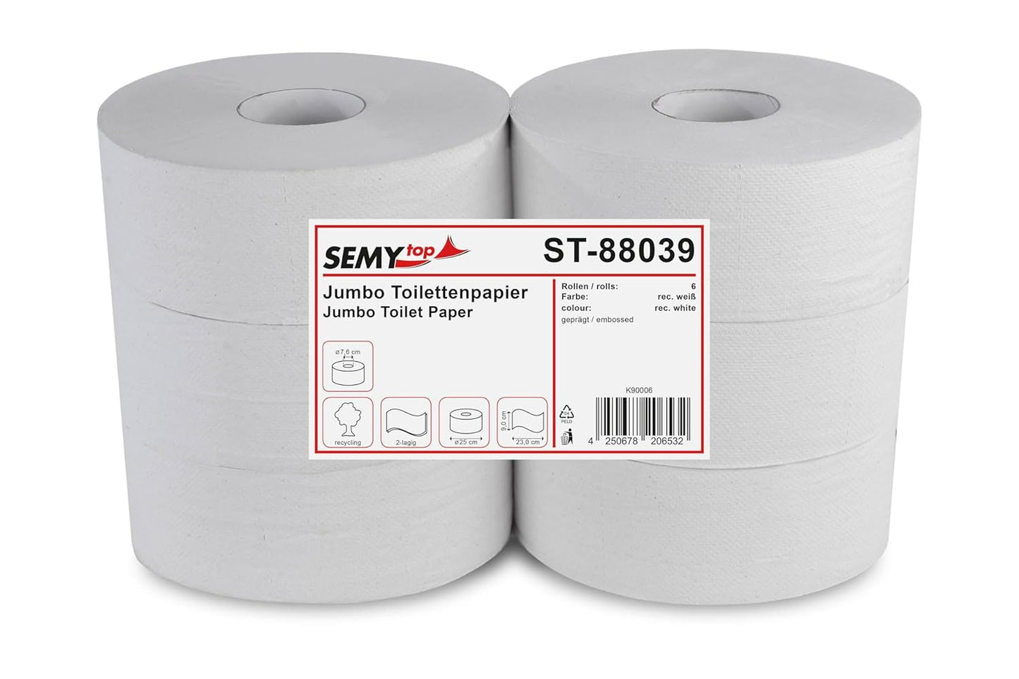Semi Top ST-88039 Jumbo toalettpapper, 2 lager, återvunnet, 25 cm diameter (pack med 6)