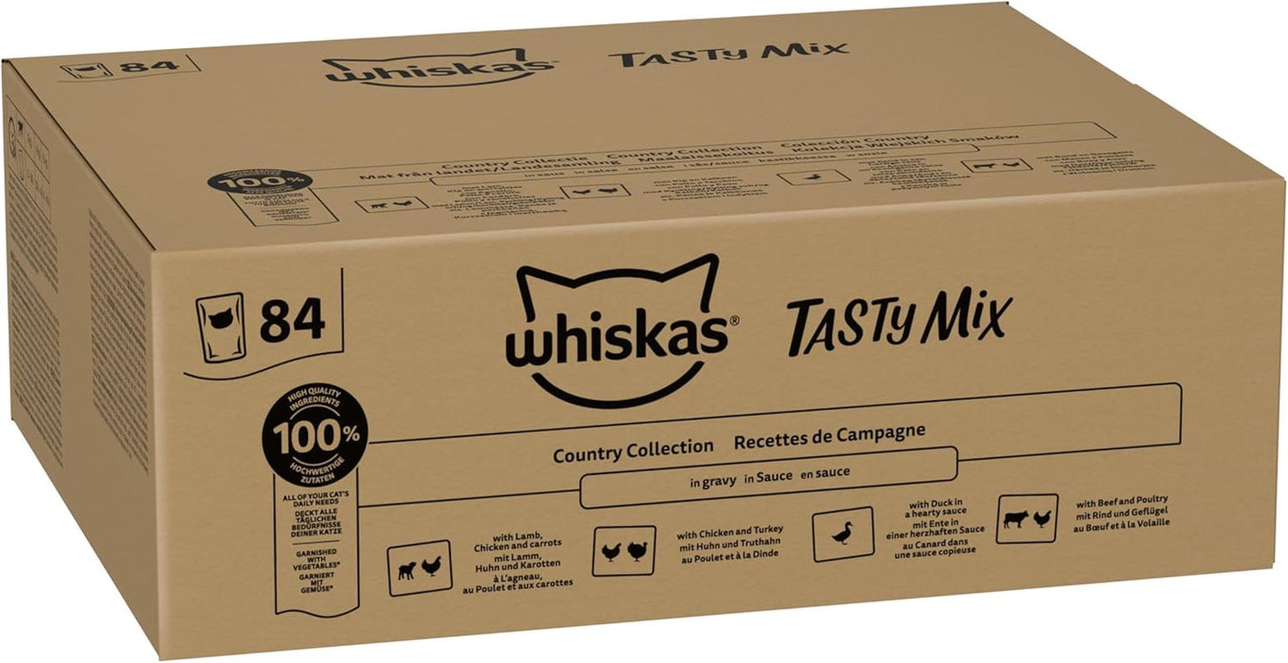 Whiskas våtfoder för vuxna 1+ Tasty Mix Country Collection i sås, 84 påsar, 84 x 85 g (1 bulkförpackning) - Högkvalitativt våtfoder för vuxna katter