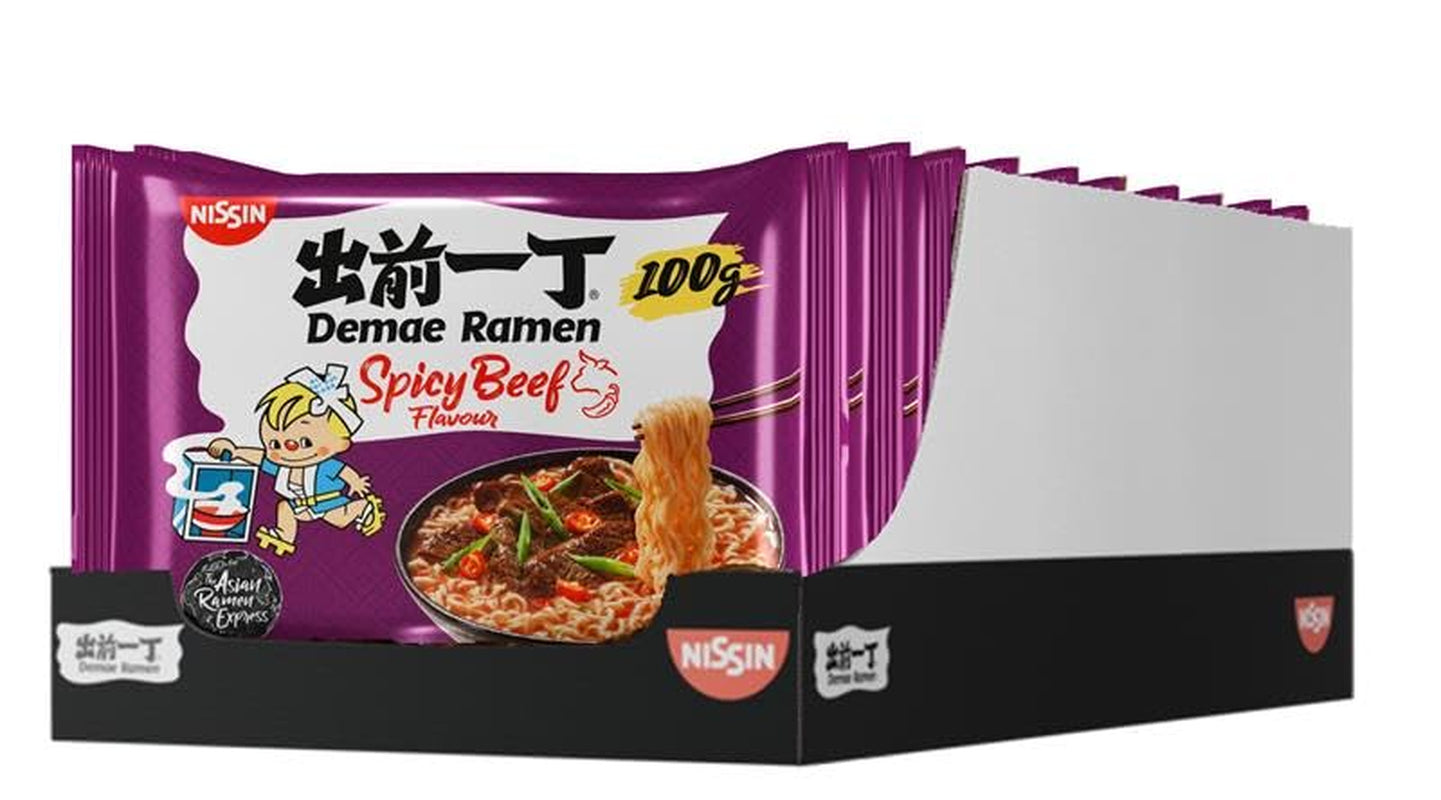 Nissin Demae Ramen - Kryddigt nötkött 10-pack snabbnudlar i japansk stil med nötköttsmak och asiatiska kryddor Snabbt och enkelt att tillaga asiatisk mat (10 x 100 g)