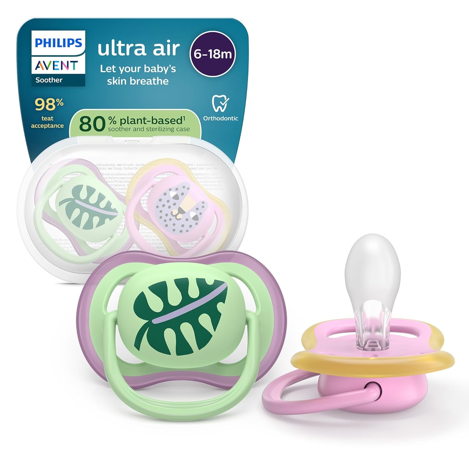 Philips AVENT ultraluftnappar - paket med 4 BPA-fria nappar som andas för bebisar 6-18 månader, inklusive bärväska och sterilisering, sköldpadda/valmönster (modell SCF085/66)