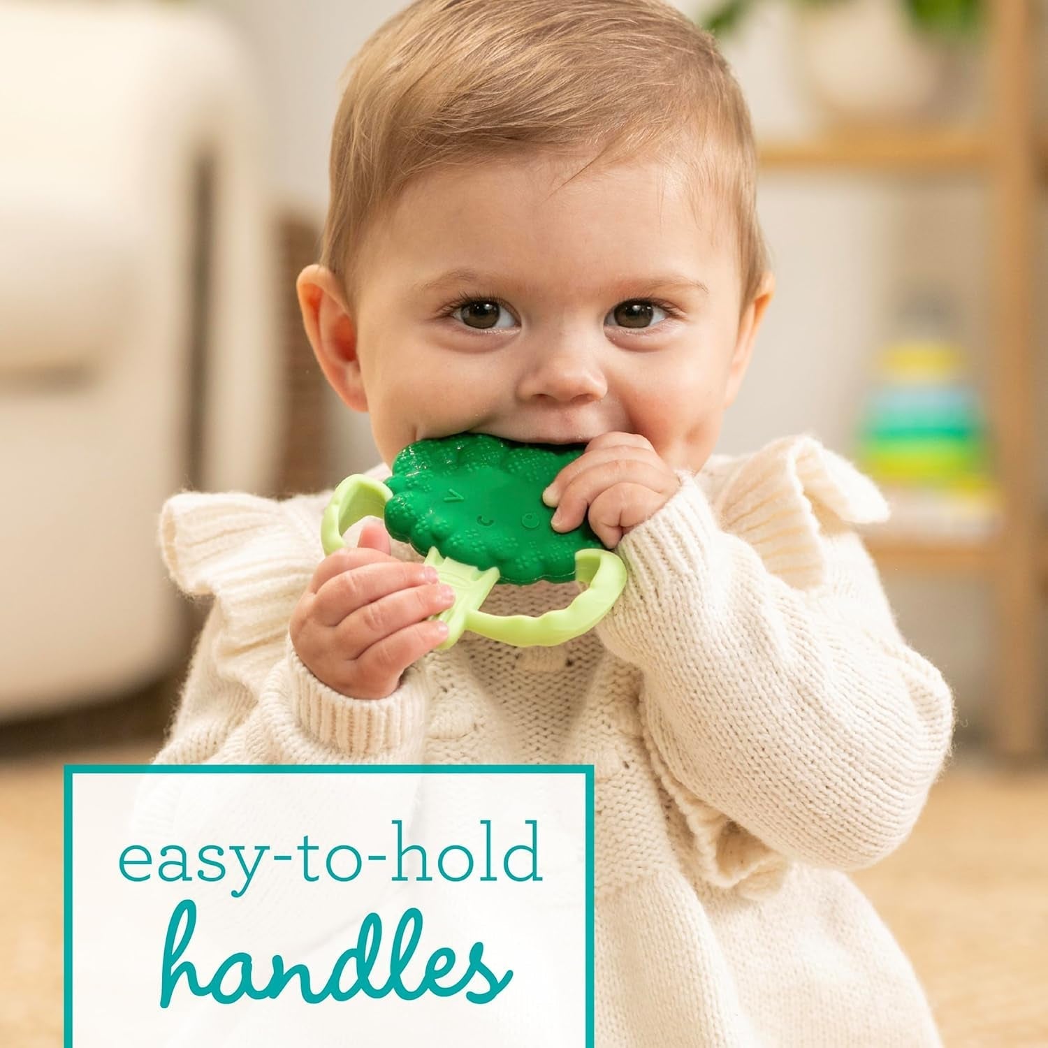 Infantino Lil' Nibbles, texturerad silikonbitring, BPA-fri babybitringleksak, mjuk, lätt att hålla, sensorisk stimulering för spädbarn, broccoli
