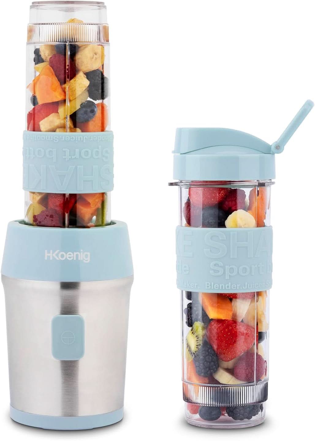 H.Koenig Smoothie Maker SMOO9 - Mini Standmixer - Mini Mixer - 300 Watt - 570 Ml - Edelstahl - 2 Kunststoffflaschen - Bpa-Frei, Grau Kitchen Naty Shop Pastelblau