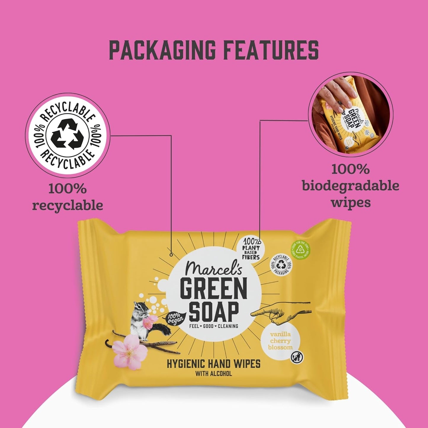 Marcel's Green Soap Hand Wet Wipes 60 Pack - Vanilj & Cherry Blossom - Växtbaserad - Ekologisk