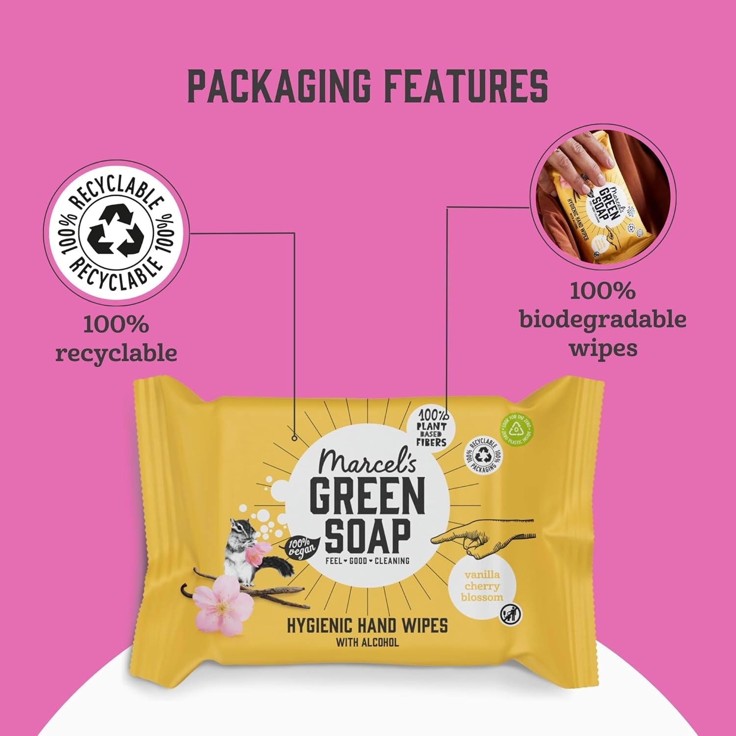 Marcel's Green Soap Hand Wet Wipes 60 Pack - Vanilj & Cherry Blossom - Växtbaserad - Ekologisk