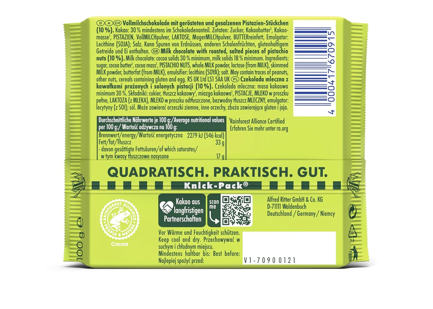 Ritter Sport Pistachio, mjölkchoklad med fina bitar av pistage, en chokladklassiker, perfekt att äta och njuta av, en bra presentidé, 12 barer x 100g