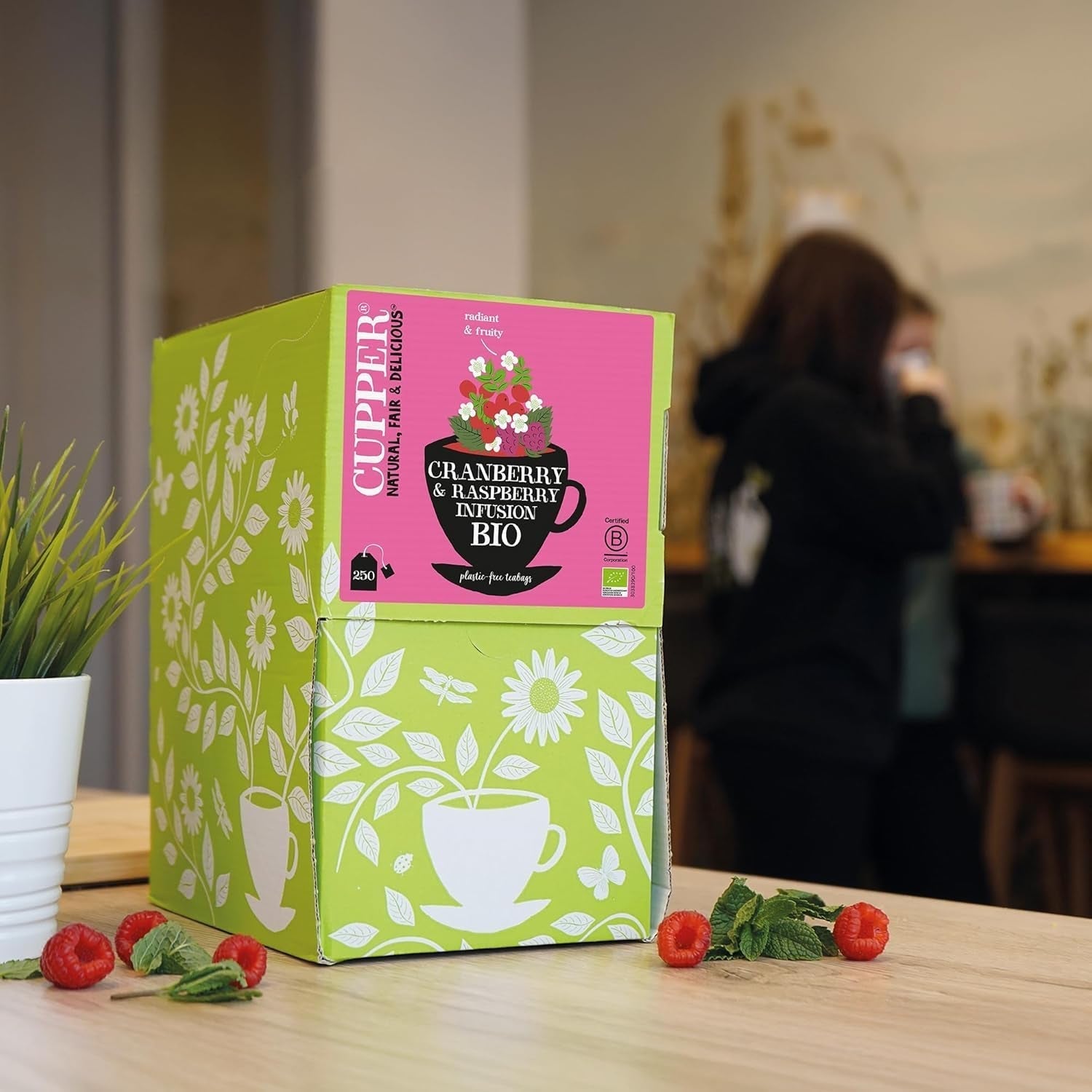 Cupper Ekologisk fruktte Tranbär Hallon | Hallon te | 250 oblekta tepåsar | Big Pack | Perfekt för kontoret | Ekologisk | Rättvis handel
