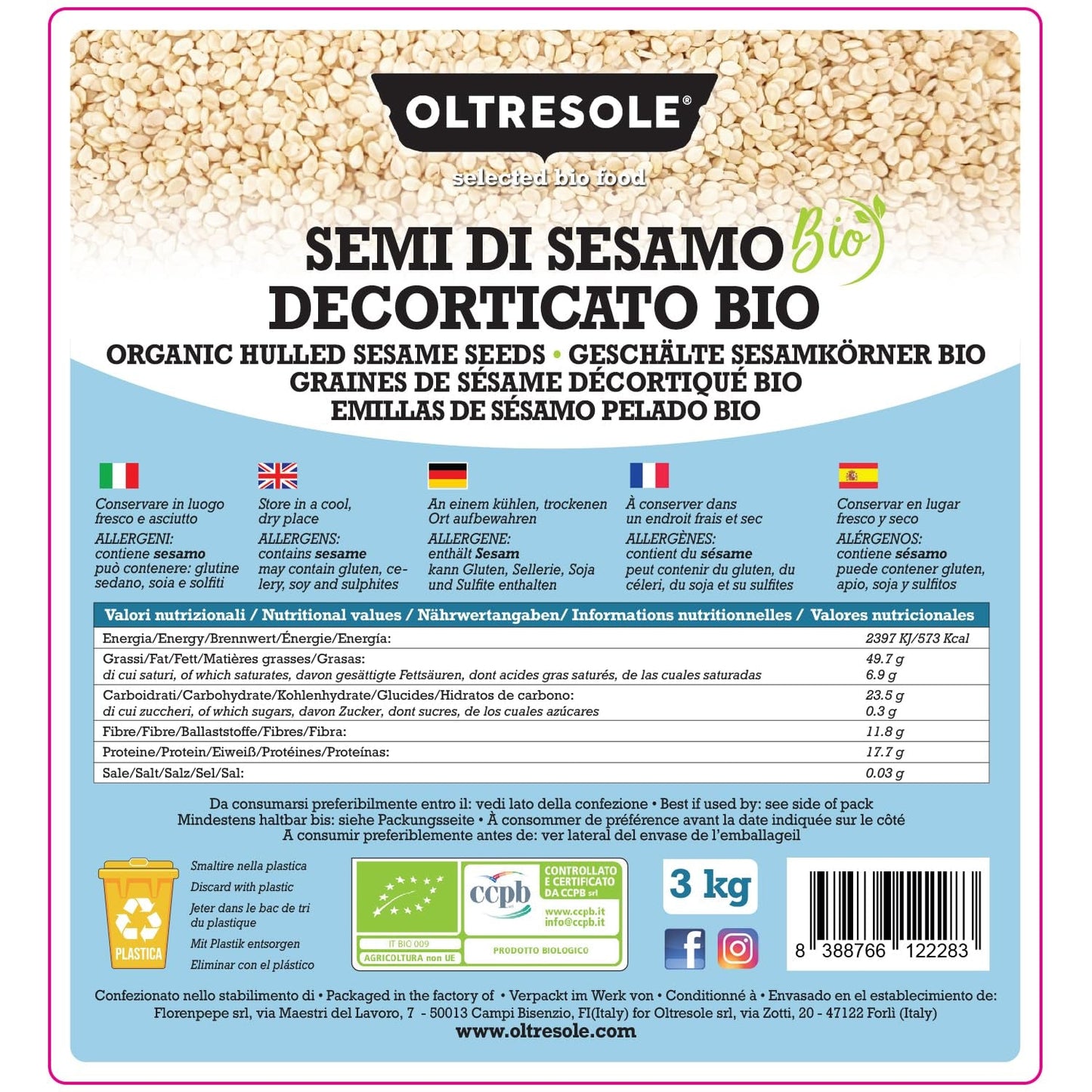 Ekologiska sesamfrön 3 kg, råa ekologiska oljefrön, vit sesam, naturligt skalad, orostad, källa till kalcium och järn, ekonomipaket