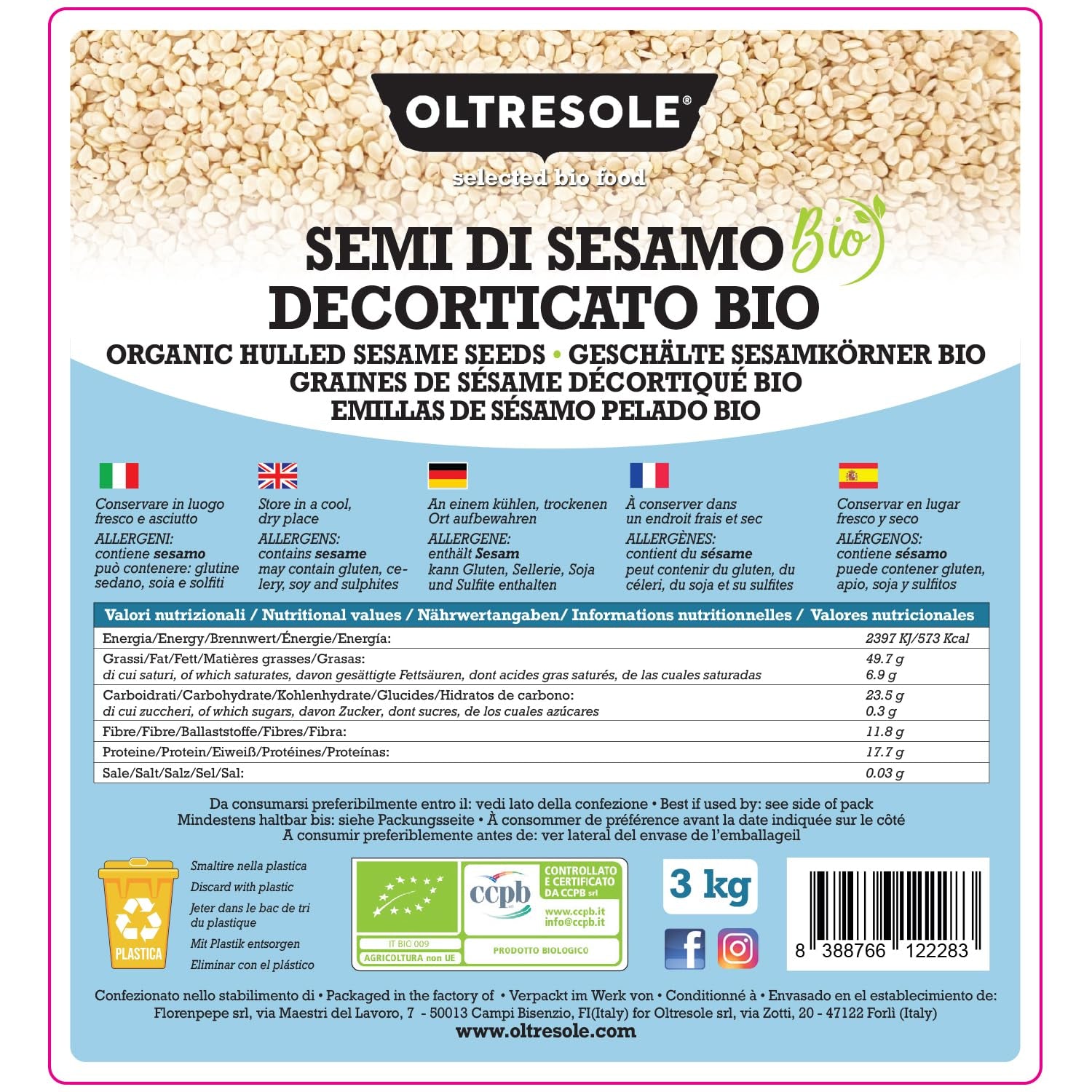 Ekologiska sesamfrön 3 kg, råa ekologiska oljefrön, vit sesam, naturligt skalad, orostad, källa till kalcium och järn, ekonomipaket