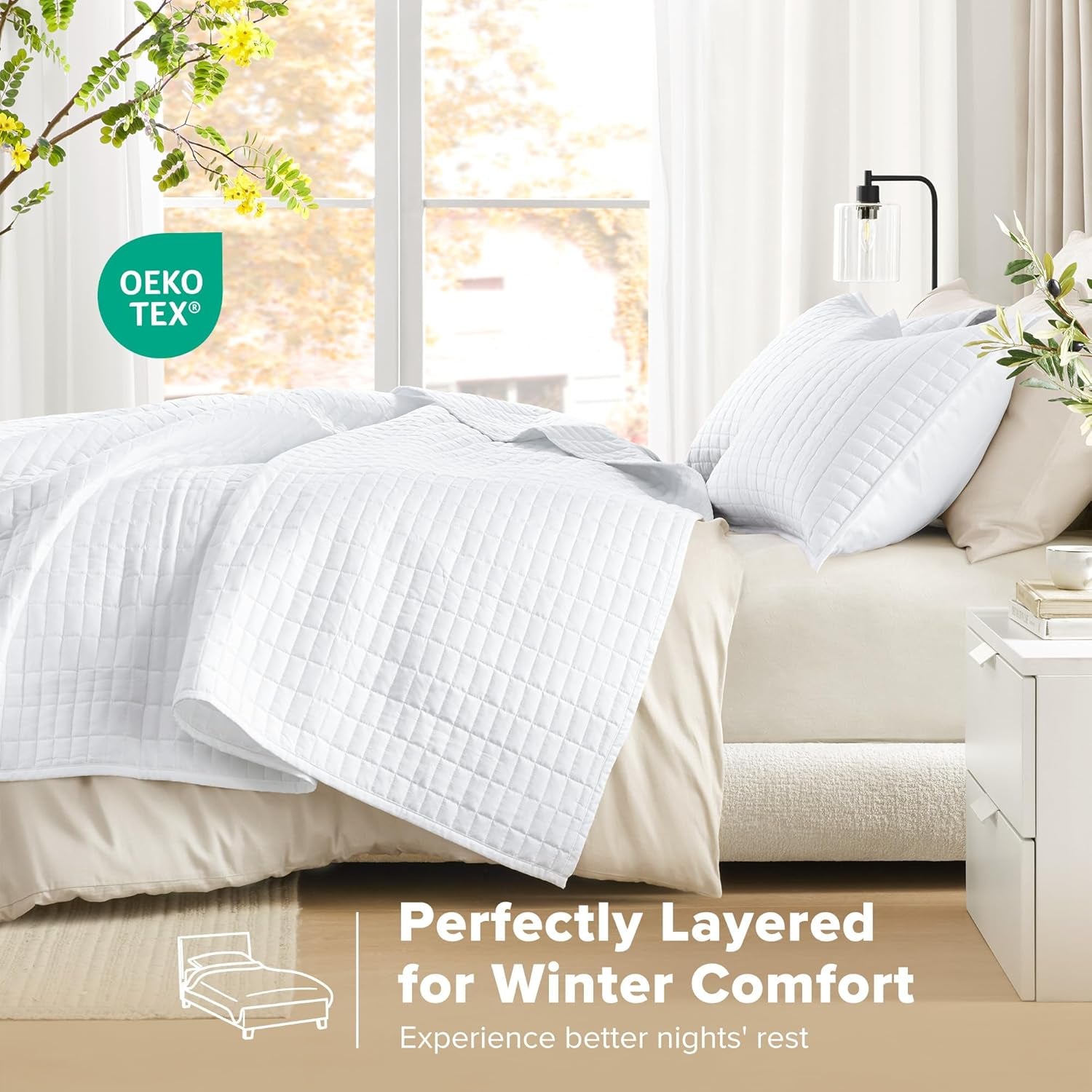 Comfort Spaces Kienna Quilt Set Luxury Double Stitch Sommarfilt Lättvikt Mjuk Helårssängkläder Matchande örngott Vit King Size filt (264,2 X 228,6 Cm) Naty Shop Täcken & täcken