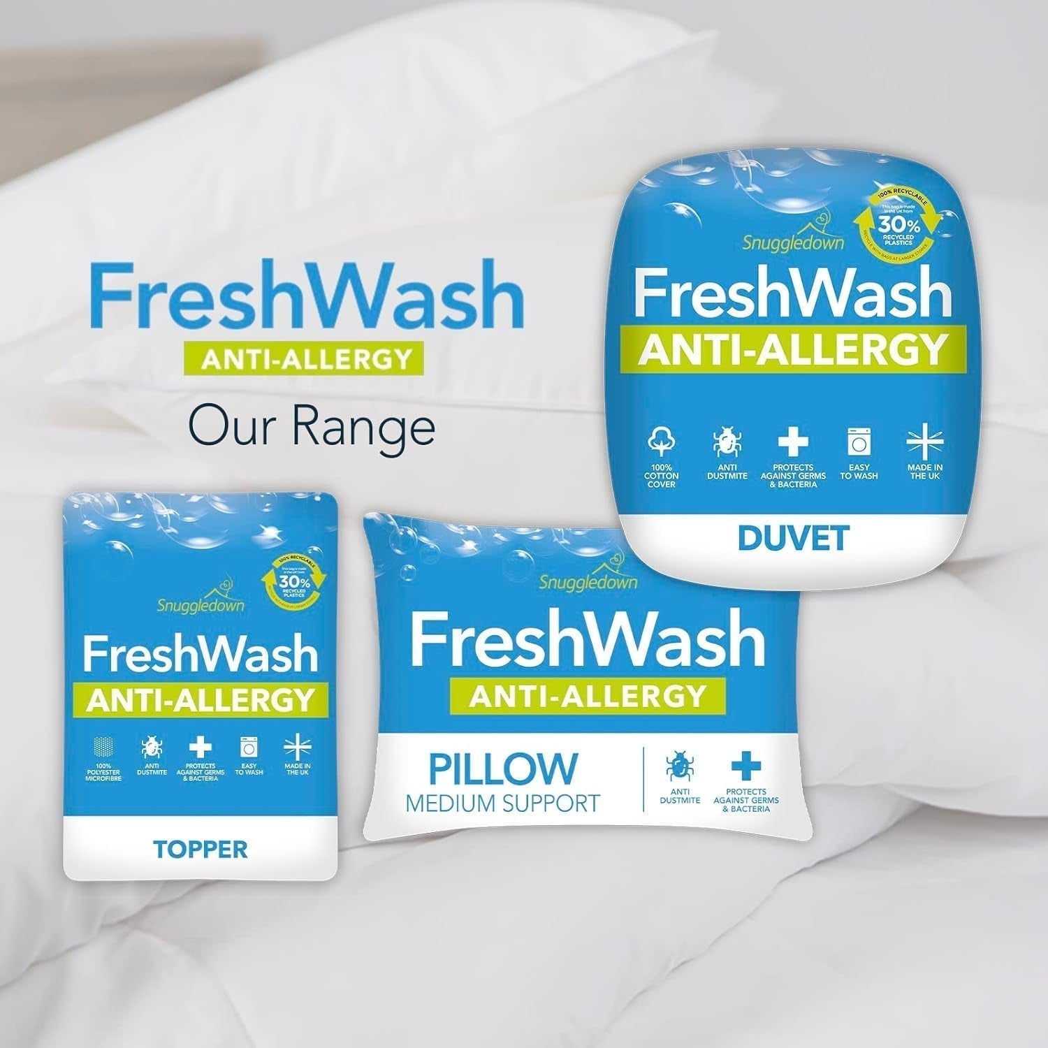 Allergitäcke Snuggledown Freshwash, 13,5 Tog Winter Warm, bomull, vit, enkelsäng Täcken och täcken Naty Shop
