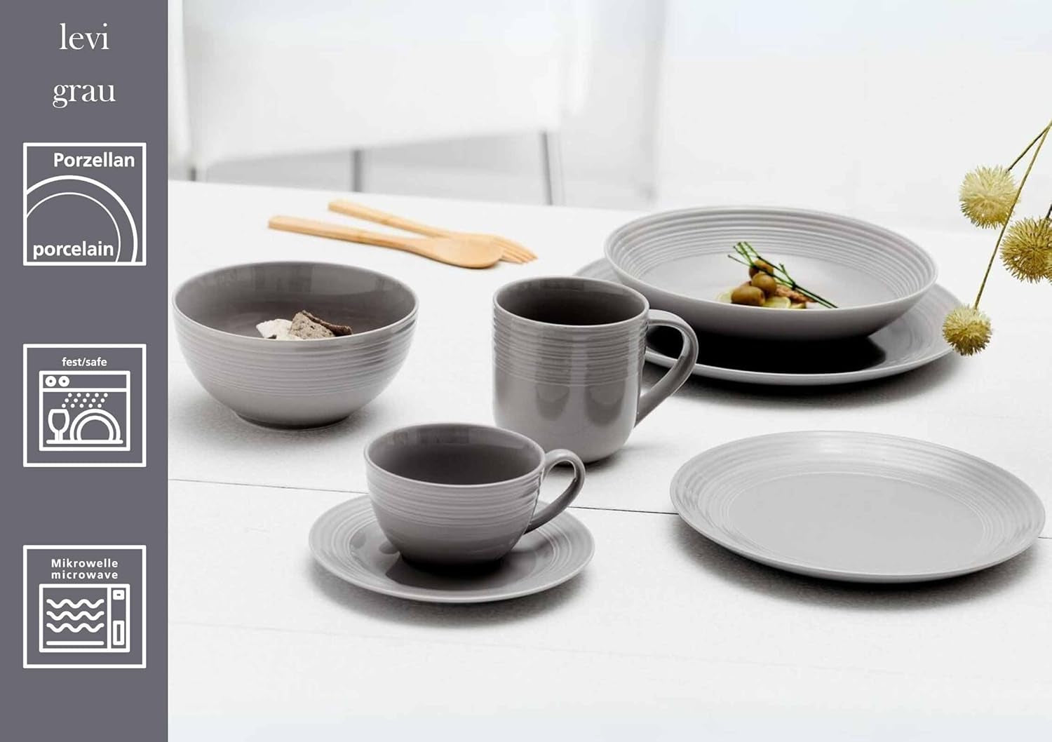 Ritzenhoff & Breker Levi 16-delat servisset, tallrikar, skålar och muggar för 4, skandinavisk design med finräfflad relief, mixa och matcha servis, porslin, vitt och grått
