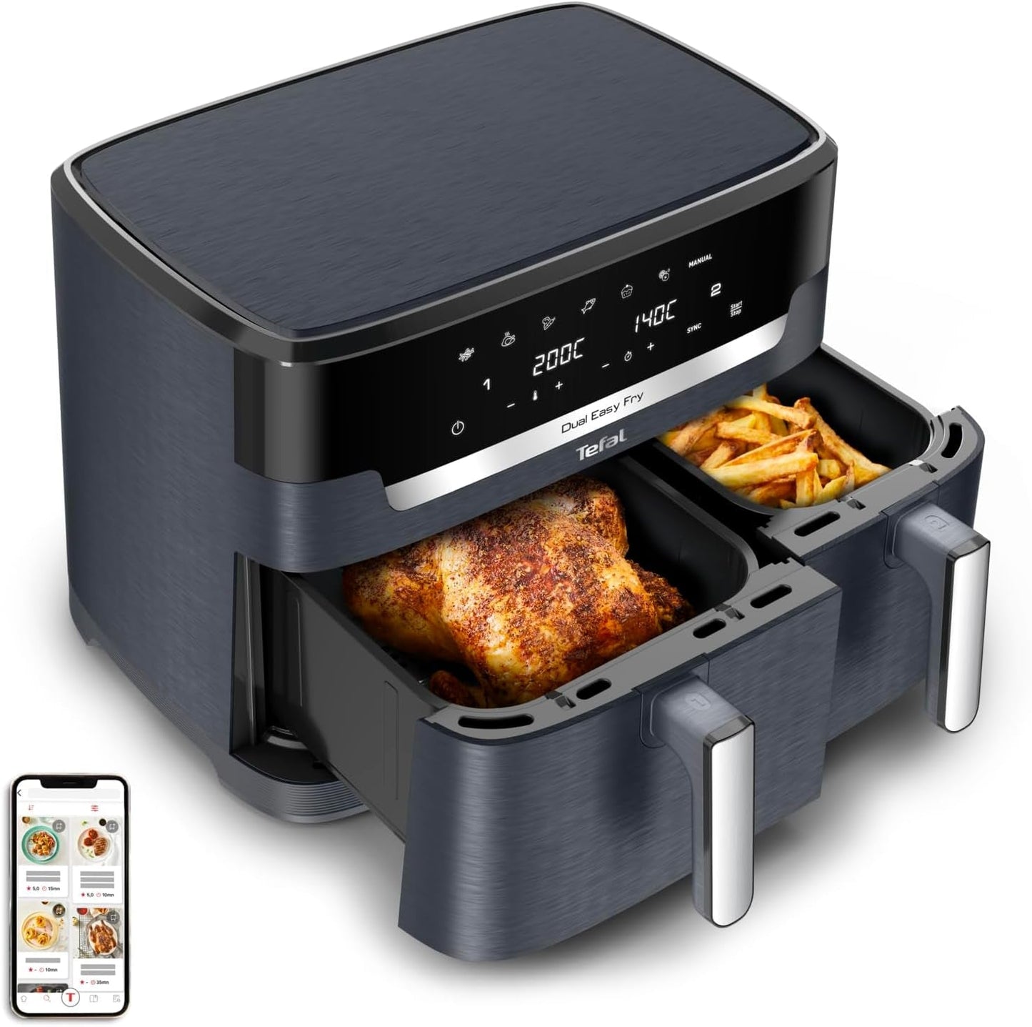 Tefal Dual Easy Fry Hot Air Fryer med två kammare, 5,2/3,1 liters kapacitet, två oberoende lådor, 7 program Hushållsapparater Naty Shop Grå/Antracit