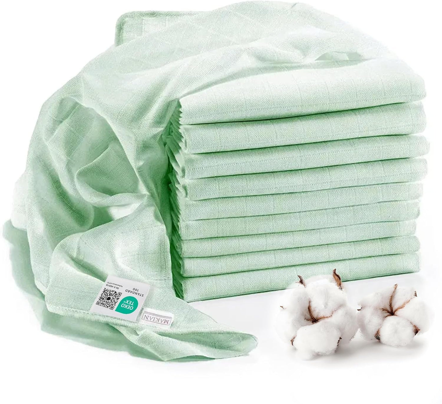 MAKIAN Muslin Squares, paket med 10, 80x80 cm, Oeko-TEX® Standard 100 Certified, 10 Premium Burp-dukar - Dubbelvävda tygrutor / Muslin Squares, Kokbeständig - Vit