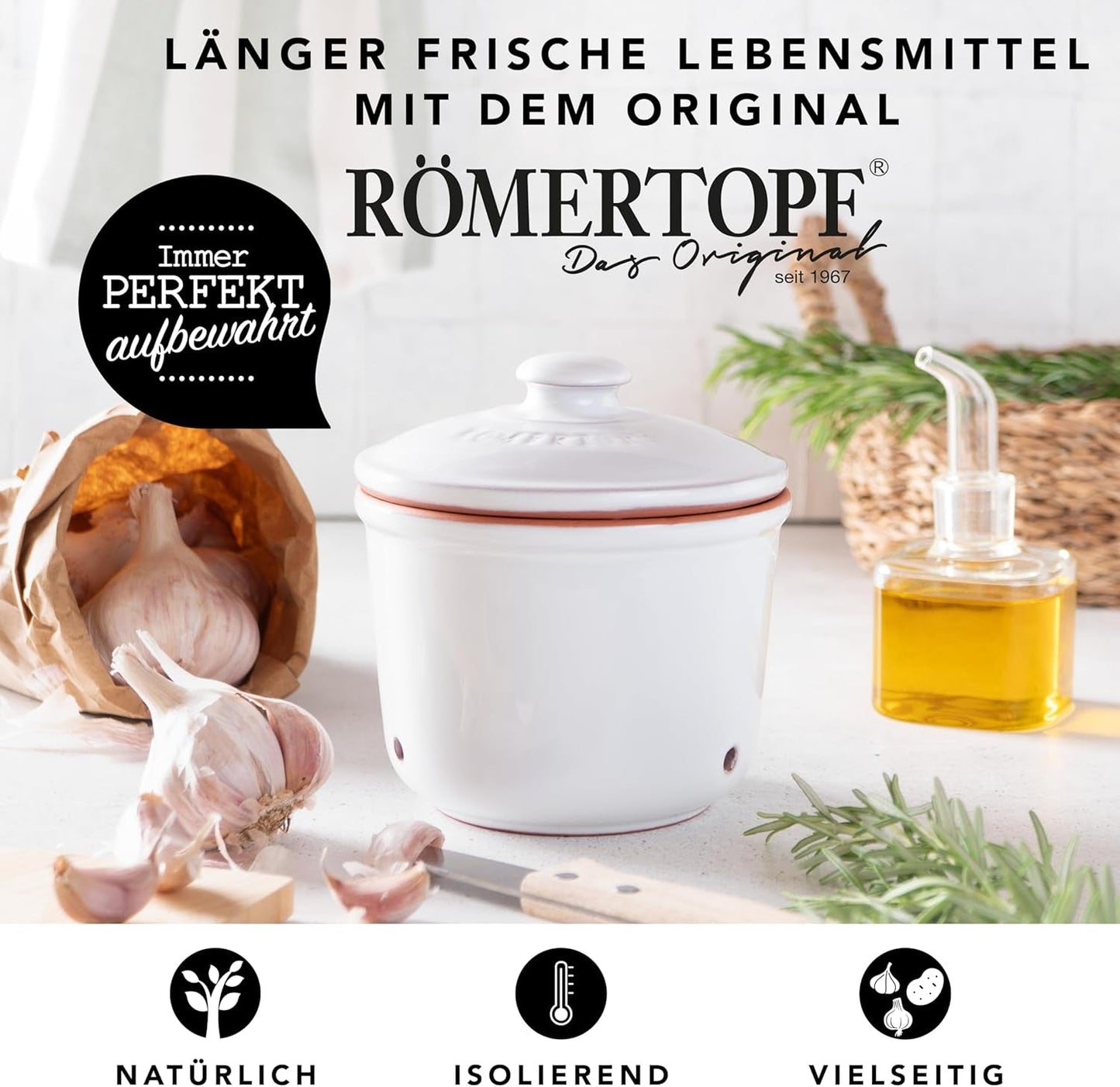 Römertopf Fresh Pot MINI 0,6 liter - Keramisk vitlökskruka - Andningsbar lera håller grönsaker fräscha längre - Idealisk luftcirkulation - Vita matförvaringslådor Naty Shop