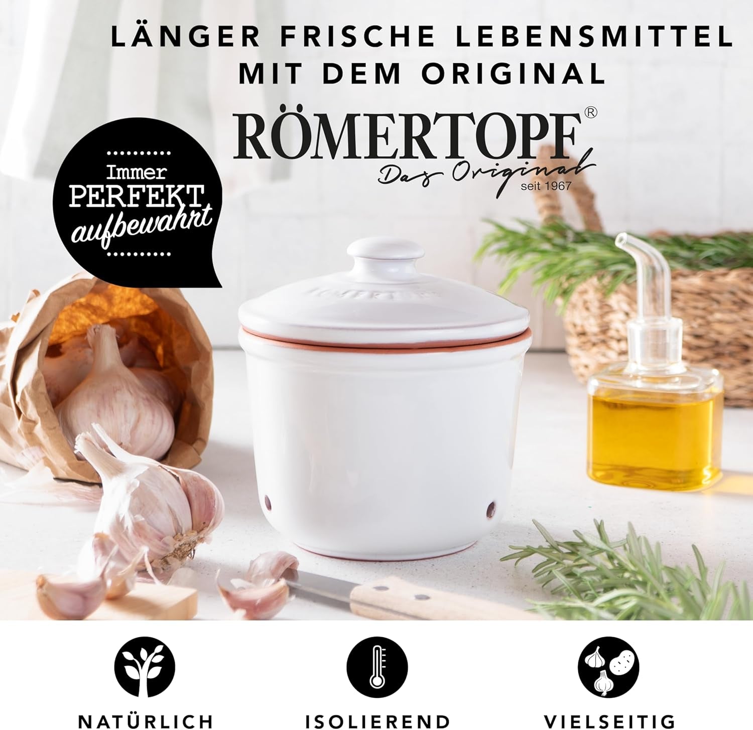 Römertopf Fresh Pot MINI 0,6 liter - Keramisk vitlökskruka - Andningsbar lera håller grönsaker fräscha längre - Idealisk luftcirkulation - Vita matförvaringslådor Naty Shop