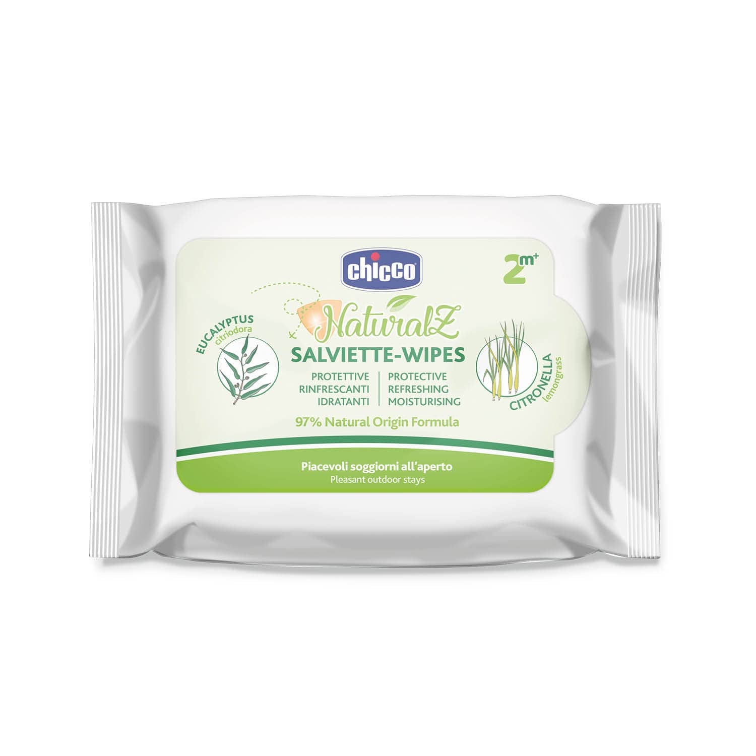 Chicco NaturalZ Protective Wet Wipes, förpackning om 20. Naturligt sommarskydd med citrongräs och eukalyptus, dag- och nattskydd.