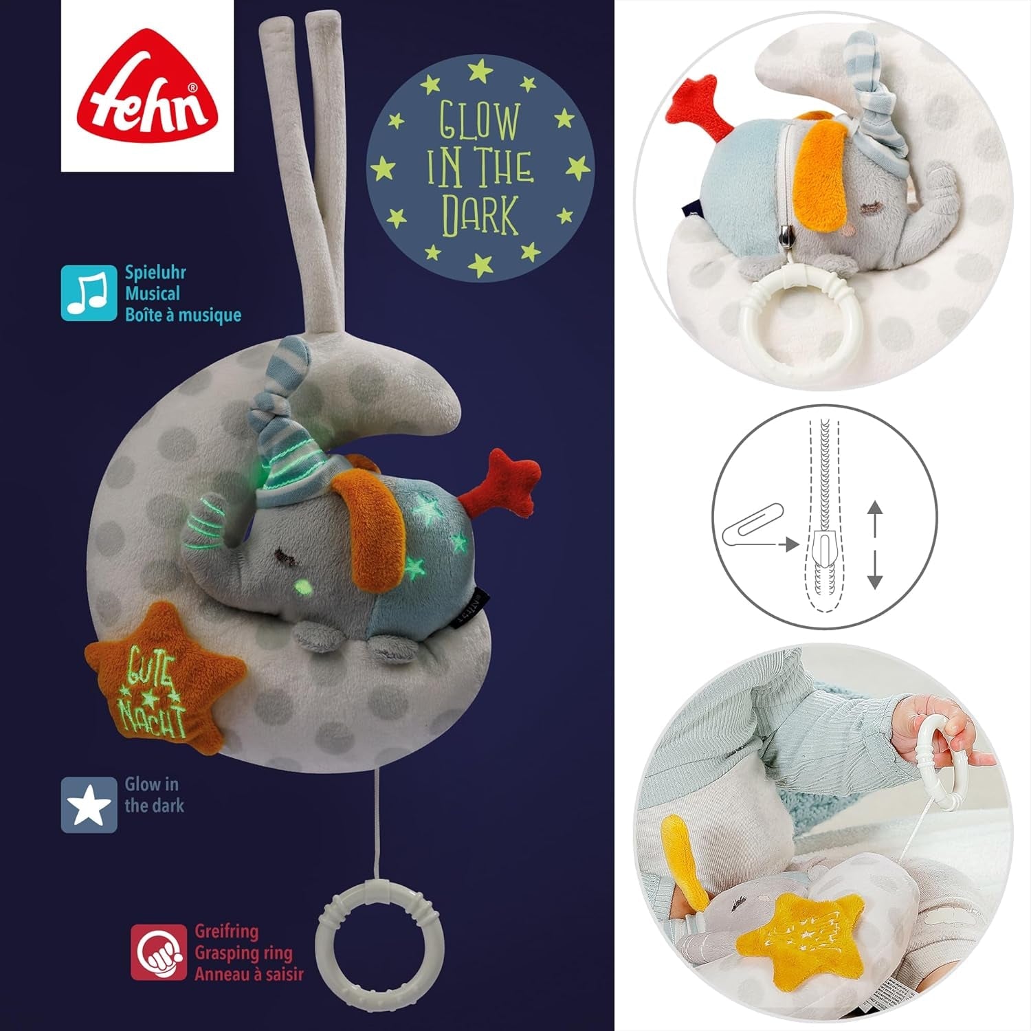 Fehn speldosa babyelefant i månen - broderi "Glow-in-the-dark" med låten "The moon has risen" - plyschleksak som hjälper dig att somna - leksak för barn på resande fot och hemma - från 0+ månader Baby Toys Naty Shop