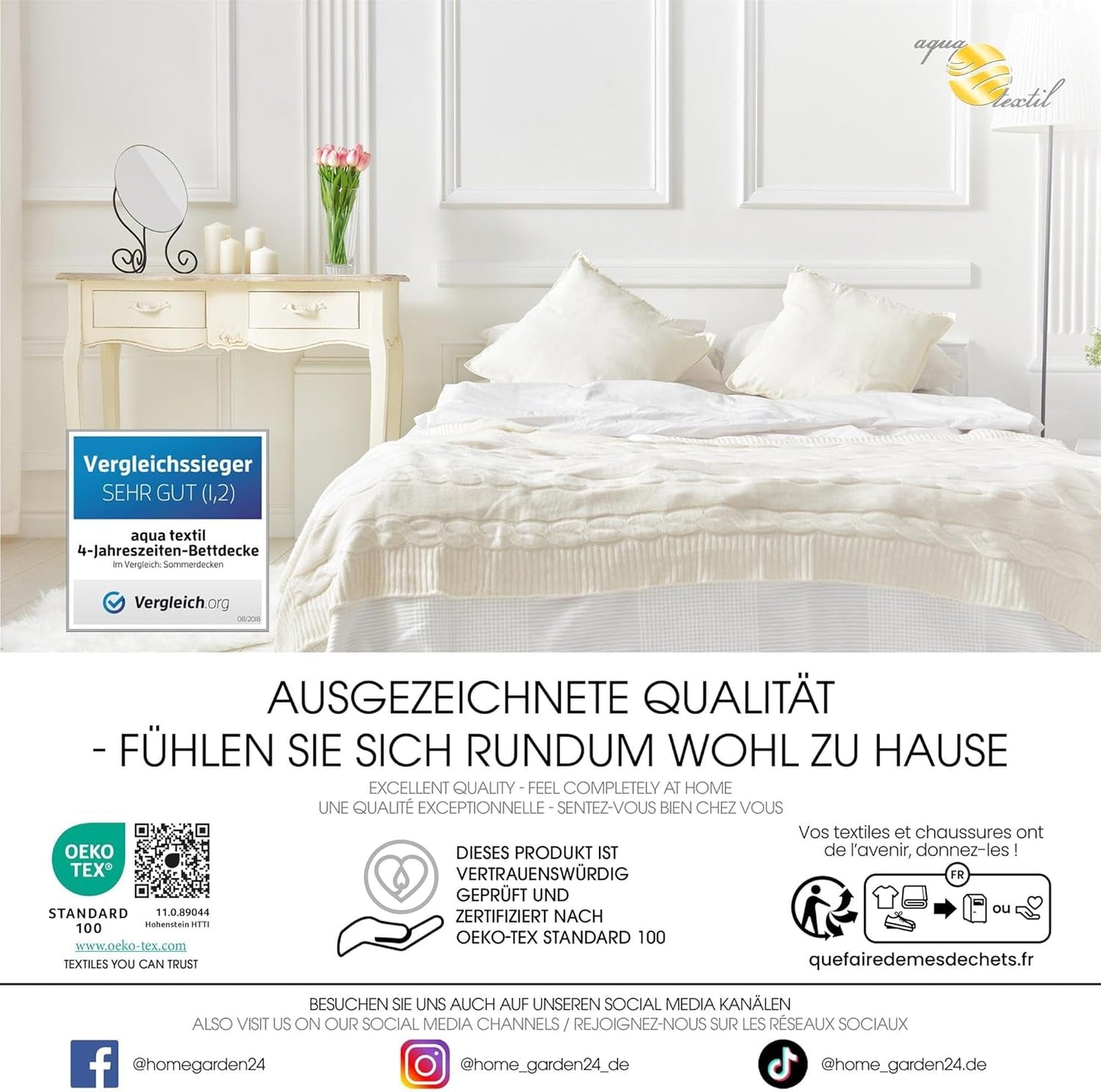 Aqua-Textil 4-säsong täcke 135X200Cm Filtar sammanknutna Vinter 800G Sommar 600G Klimatkontroll Oeko-Tex Täcken och täcken Naty Shop