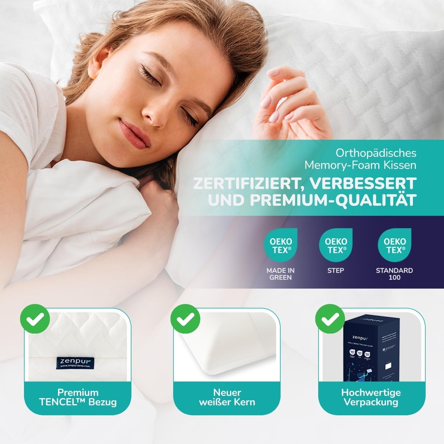 ZenPur Ortopedisk nackkudde 40x60-13cm, Memory Foam Huvudkudde - Ergonomisk sömnkudde för nacke och axlar, Oeko-TEX-certifierad