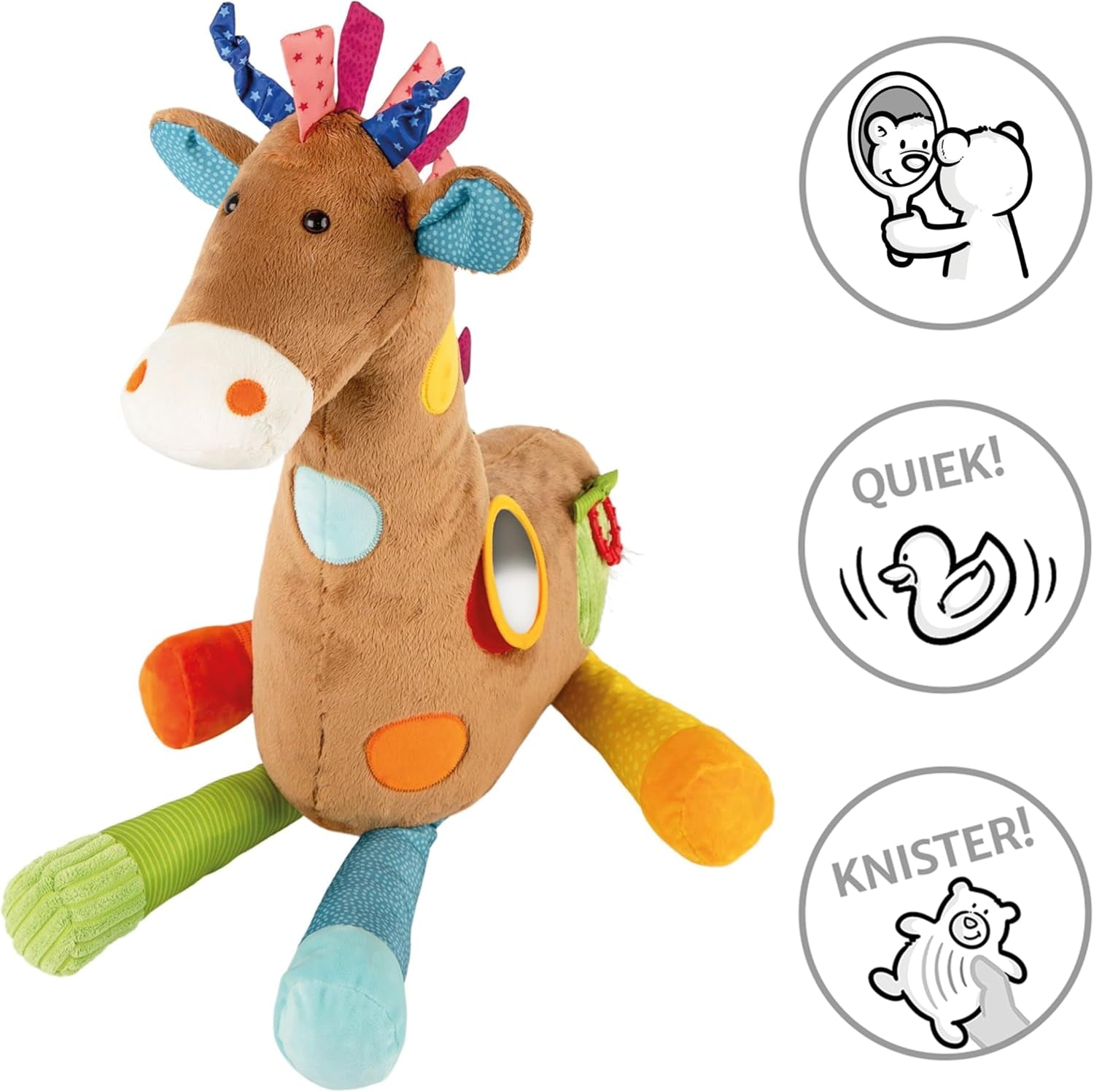 SIGIKID 42863 Giraffe XXL babyleksak, PlayQ pedagogisk leksak, plyschleksak med tandring, skallra, spegel, pipande, för spädbarn och barn från 3 månader, Flerfärgad/giraff 72 cm leksaker Bebe Naty Shop
