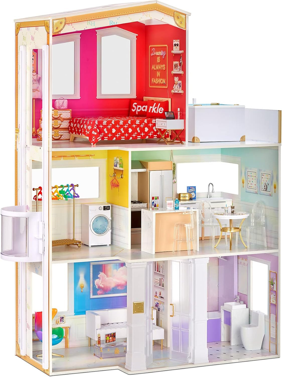 Rainbow High Townhouse - 3-vånings dockhus i trä med 5 färgglada rum och terrass - Fullt möblerat hus med hiss och funktionella tillbehör - Leksak för 4-12+ år gamla dockhus Naty Shop 2021 Rainbow High House