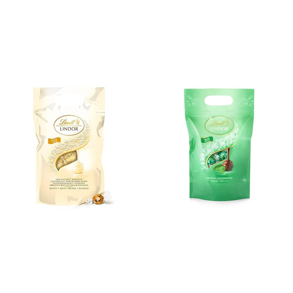 LINDOR vita chokladbollar, 1 kg och LINDOR | 1 kg återförslutningsbar påse | ca. 80 mjölkchokladbollar med myntafyllning | Bulkpaket, pralinpresent, chokladpresent