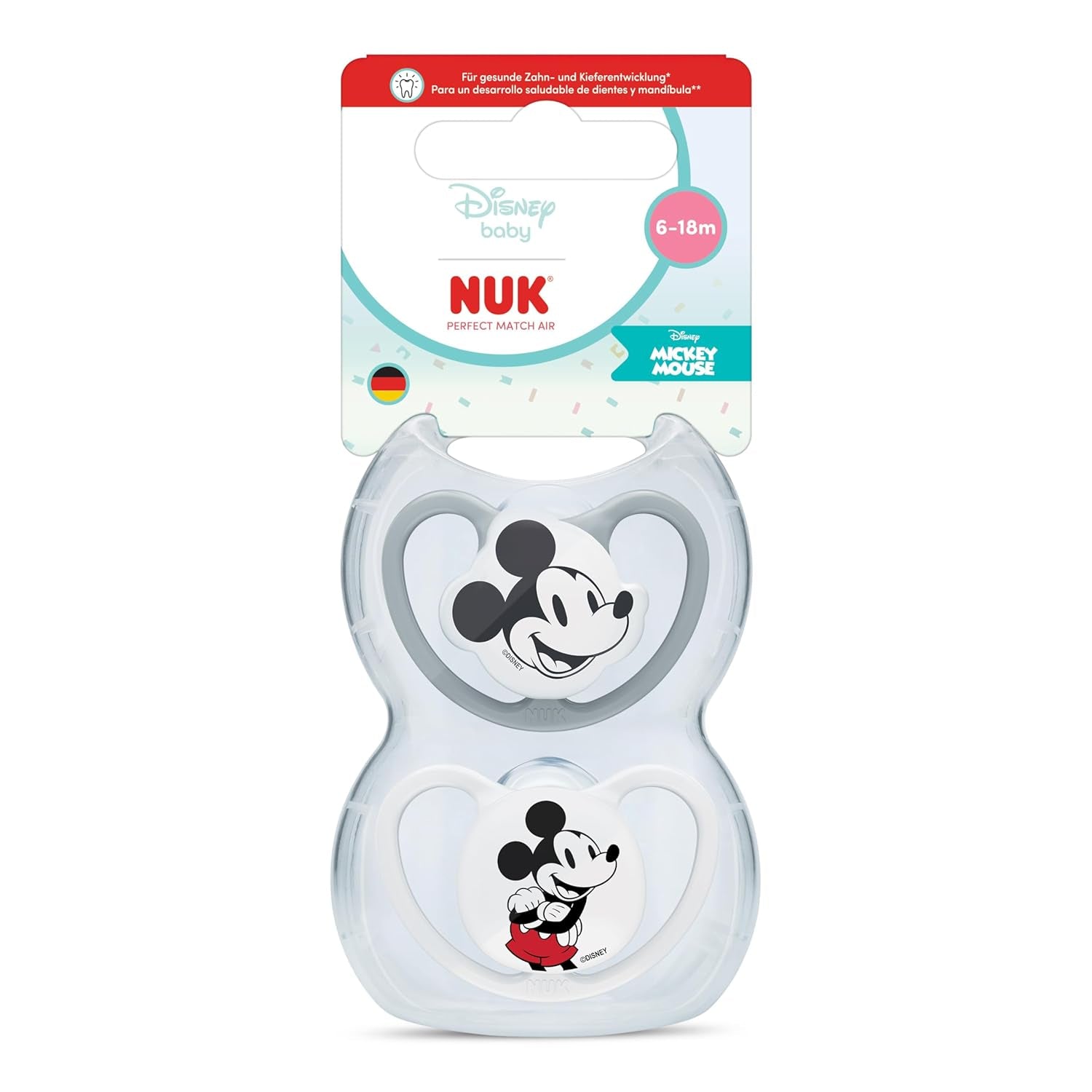 NUK Perfect Match luftnappar för spädbarn | 6-18 månader | Ortodontiska nappar som främjar luftcirkulationen och förhindrar utslag orsakade av saliv | 95 % acceptans av spädbarn** | Disney Musse Pigg | Paket om 2