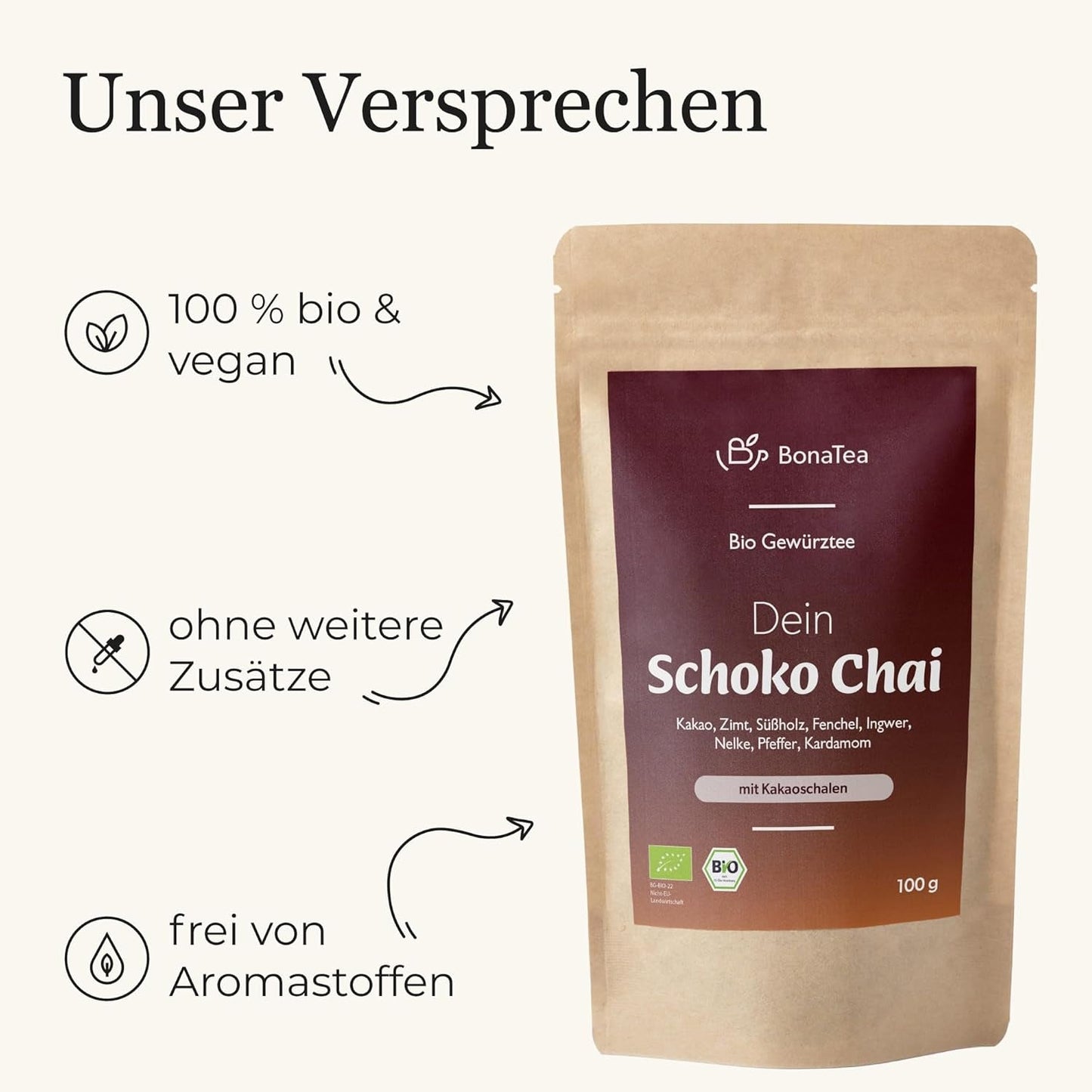BIO Schoko Chai kryddat te utan socker, med kakaoskidor, kanel, lakrits och andra aromatiska Chai-kryddor, 100 g