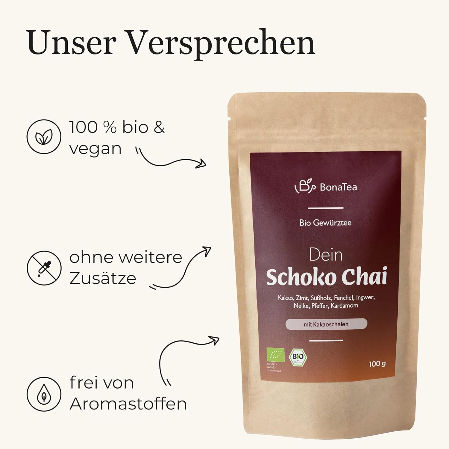 BIO Schoko Chai kryddat te utan socker, med kakaoskidor, kanel, lakrits och andra aromatiska Chai-kryddor, 100 g