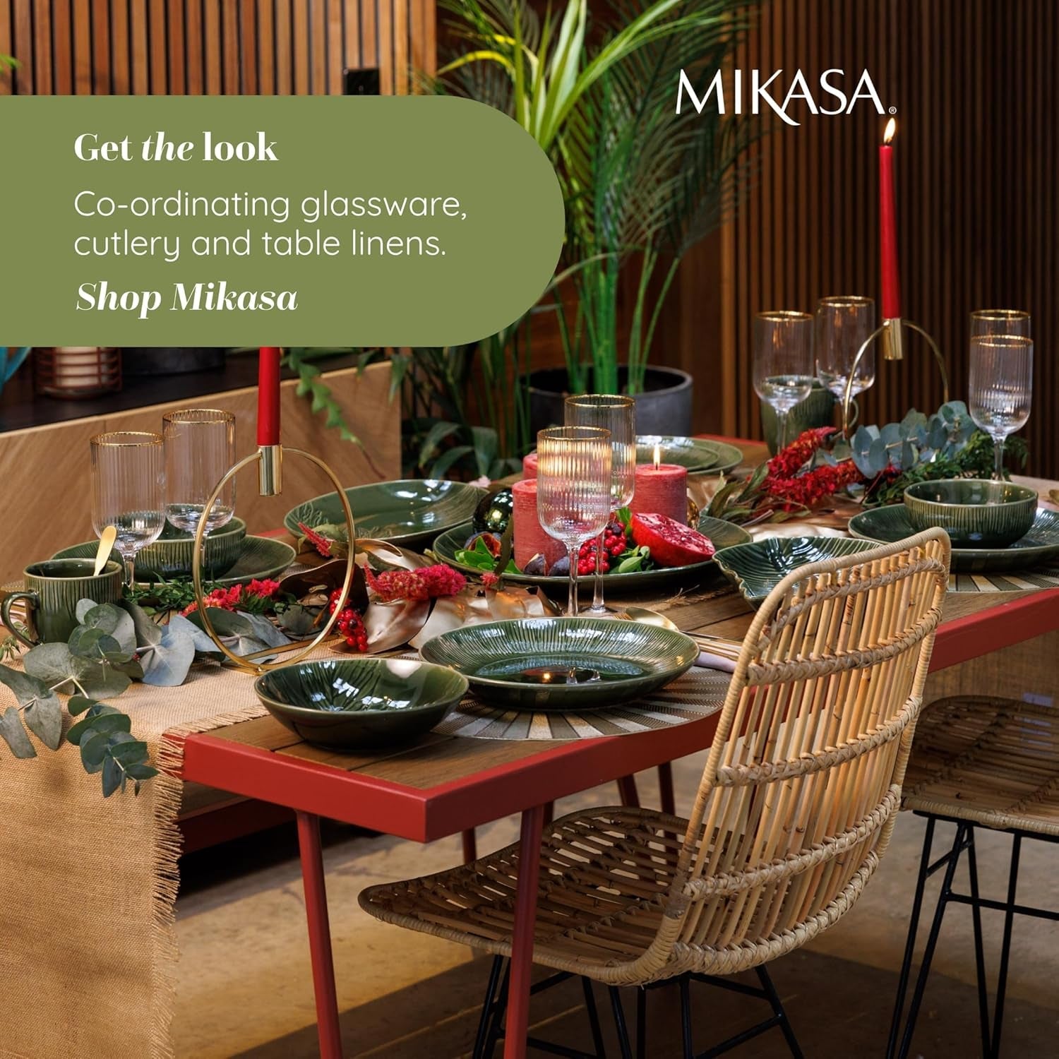 Mikasa Jardin 12-delat servisset, 4-personers servisset i stengods med tallrikar, sidotallrikar och skålar, grönt - presentförpackning och diskmaskinssäker