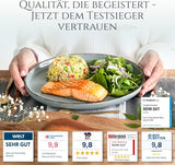 Steingut Geschirrset 6 Personen Rustik 24 tlg. TESTSIEGER, Hochwertiges Landhaussttil Steingut Geschirr Set, Schüssel- und Teller Set, Tafelservice 6 Personen, Geschirrsets Pure Living in Rauchblau