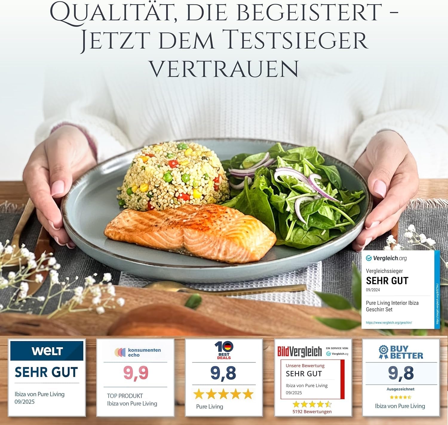 Steingut Geschirrset 6 Personen Rustik 24 tlg. TESTSIEGER, Hochwertiges Landhaussttil Steingut Geschirr Set, Schüssel- und Teller Set, Tafelservice 6 Personen, Geschirrsets Pure Living in Rauchblau