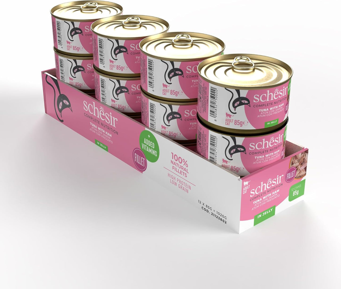 Tonfisk med skinka i gelé, blöt kattmat, konserverad, 100% naturlig, med tillsatta vitaminer, 12 x 85g