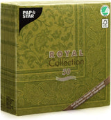 Papstar, 50 servetter "ROYAL Collection" 1/4-faldig 40 Cm X 40 Cm olivgröna "Ornaments", #81746