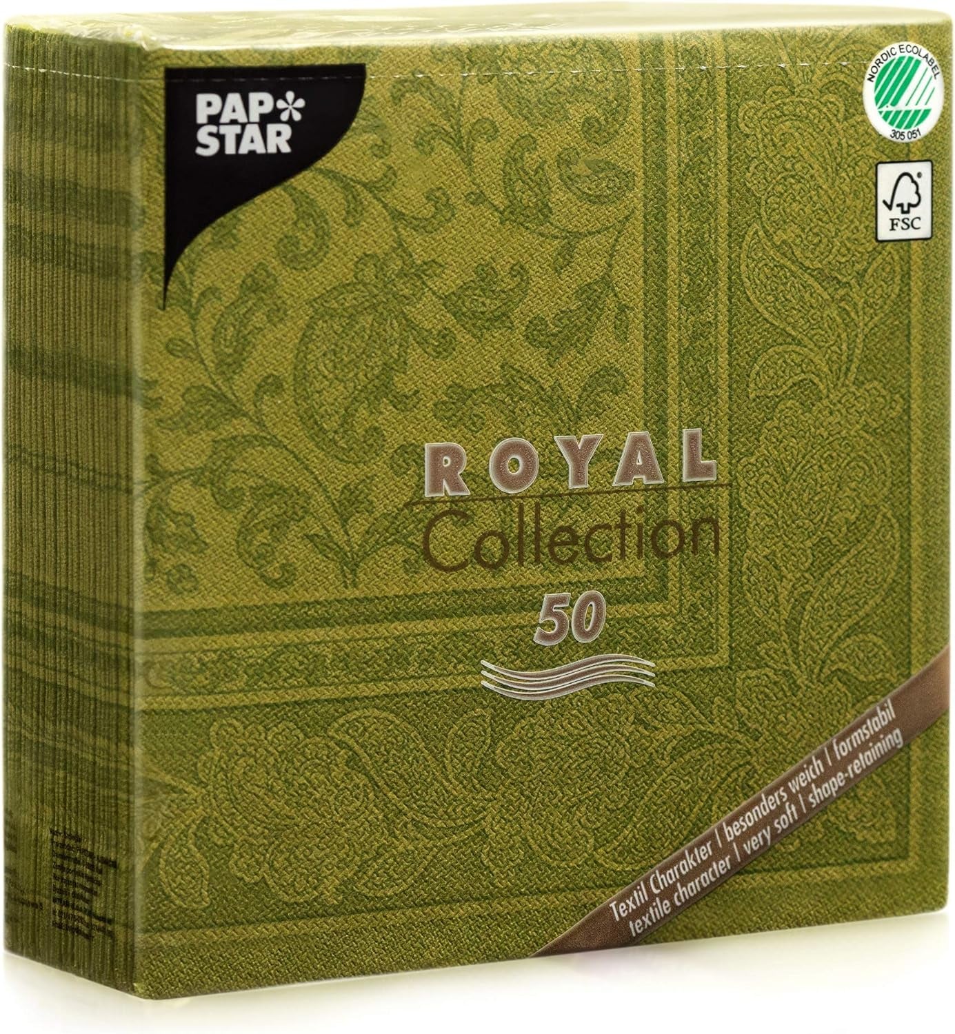 Papstar, 50 servetter "ROYAL Collection" 1/4-faldig 40 Cm X 40 Cm olivgröna "Ornaments", #81746
