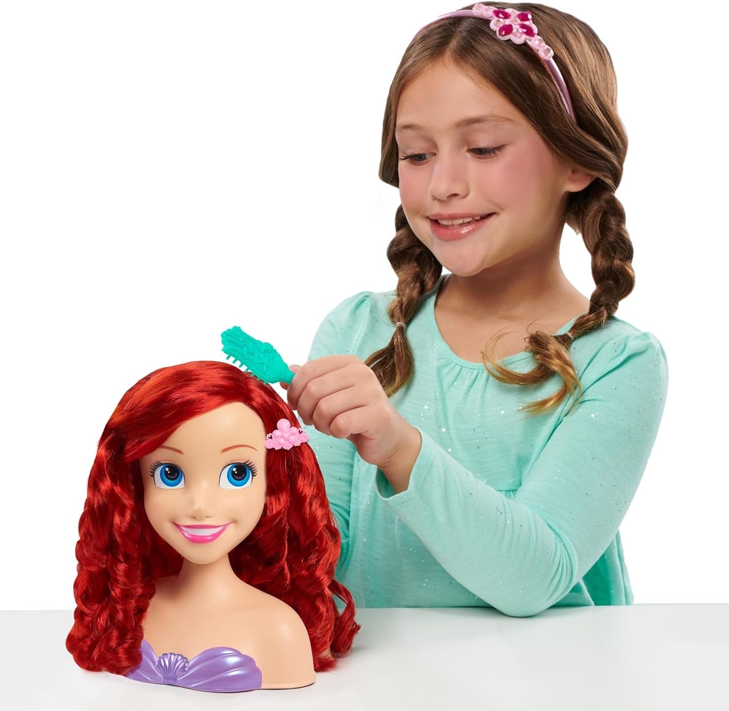 Ariel Just Play Disney Princess Hårhuvud 20 cm med tillbehör 7-delat set rött hår Leksak för barn 3 år och uppåt